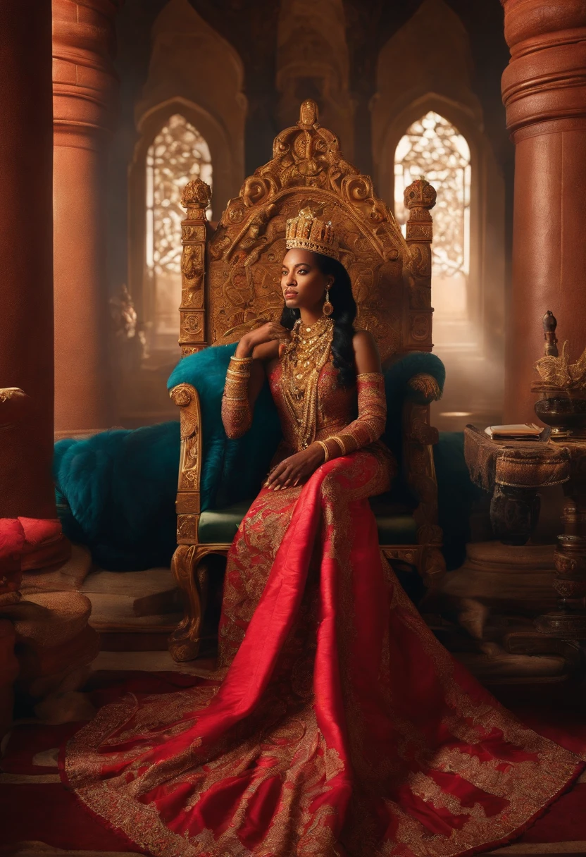 Visualize a dramatic scene where Queen Blasian Ranavalona III of Madagascar, in his castle on his knees, pleurs. Surrounded by guard