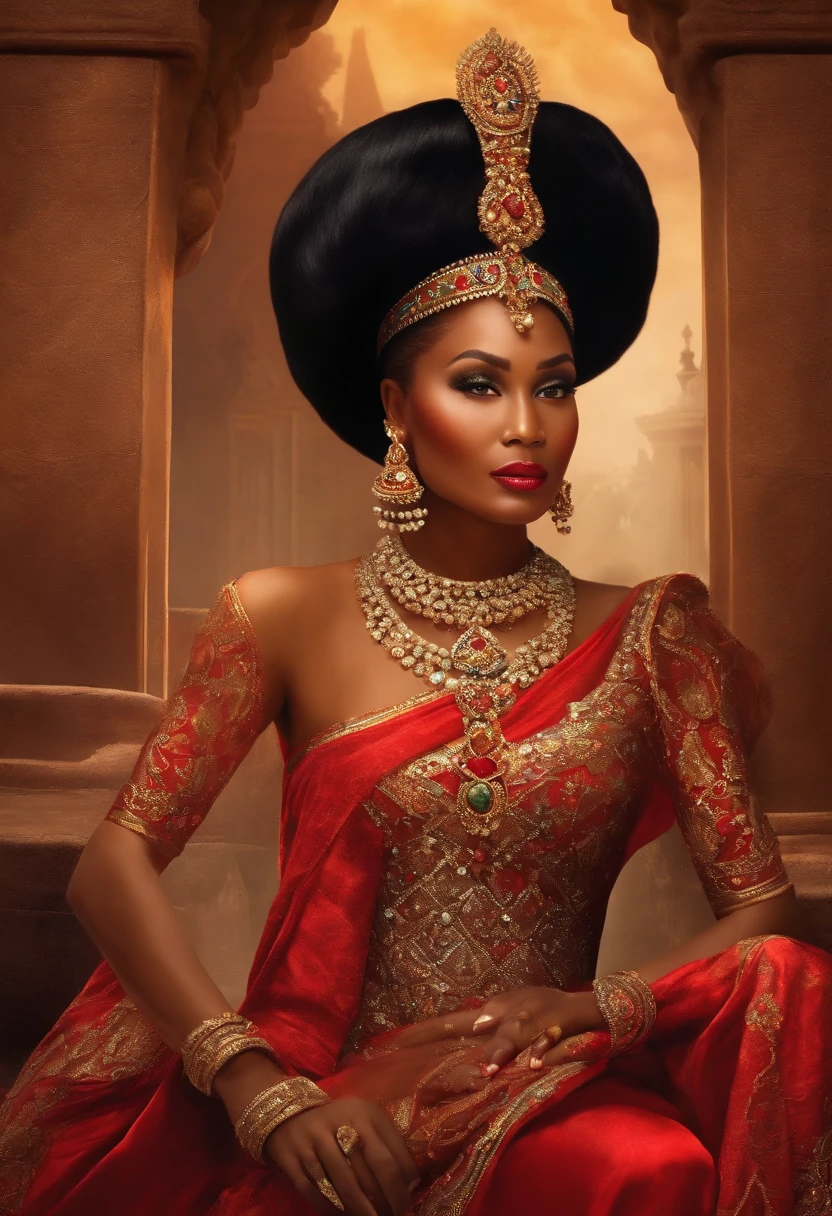 Visualize a dramatic scene where Queen Blasian Ranavalona III of Madagascar, in his castle on his knees, pleurs. Surrounded by guard