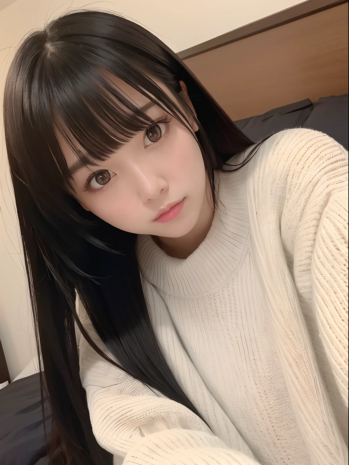 masterpiece, best quality,1girl, solo, black hair, realistic, looking at viewer, black eyes, long hair, oversized sweater, bangs, lying on a bed, closed mouth, hime cut