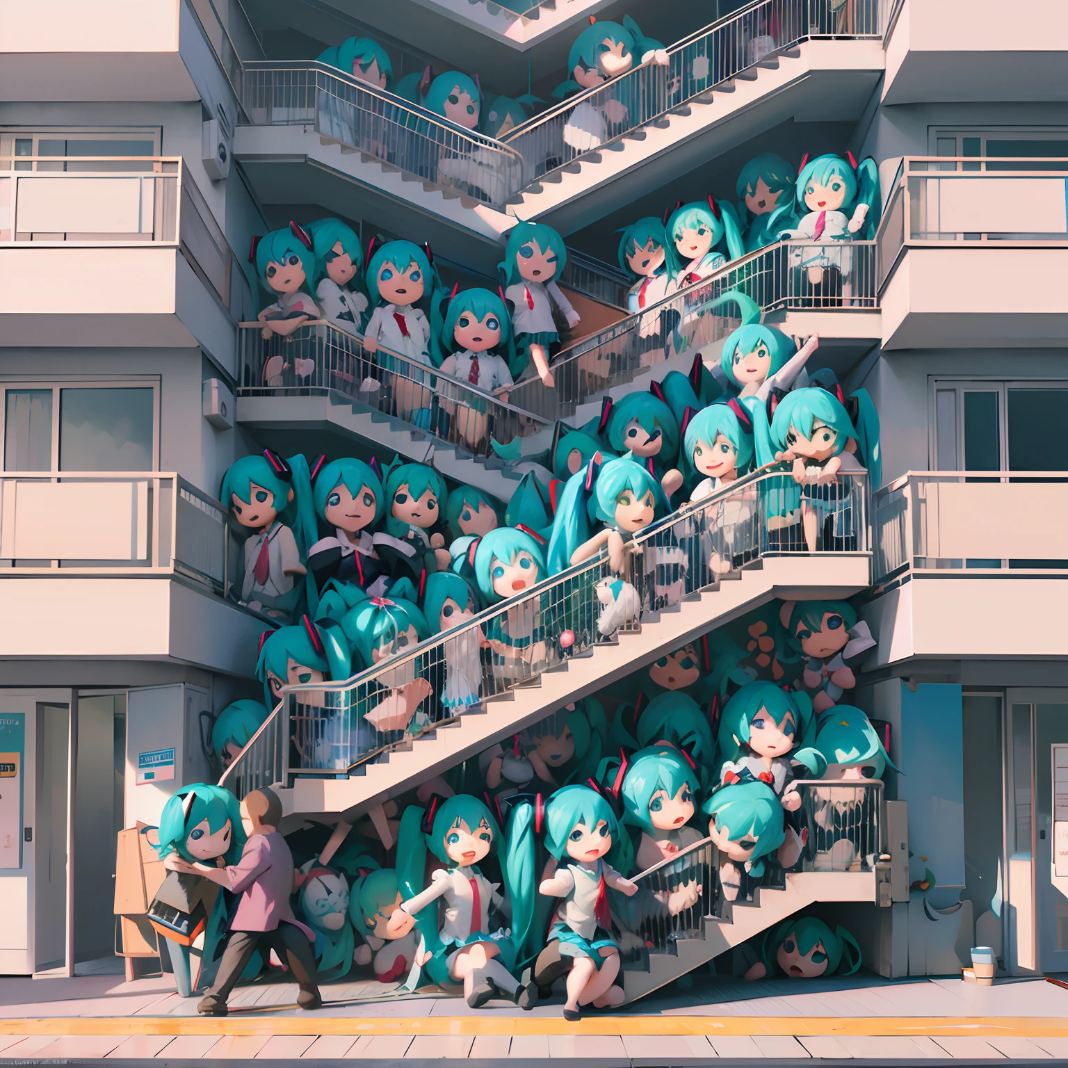 Anime character sitting on the stairs of a building, Tokyo Anime Scene, miku hatsune, VOCALOID, anime cgi style, ross tran 8 k, Trending on ArtStation pixiv, by Kamagurka, overpopulation, realistic anime 3 d style, artstation hq」, pop japonisme 3 d ultra detailed