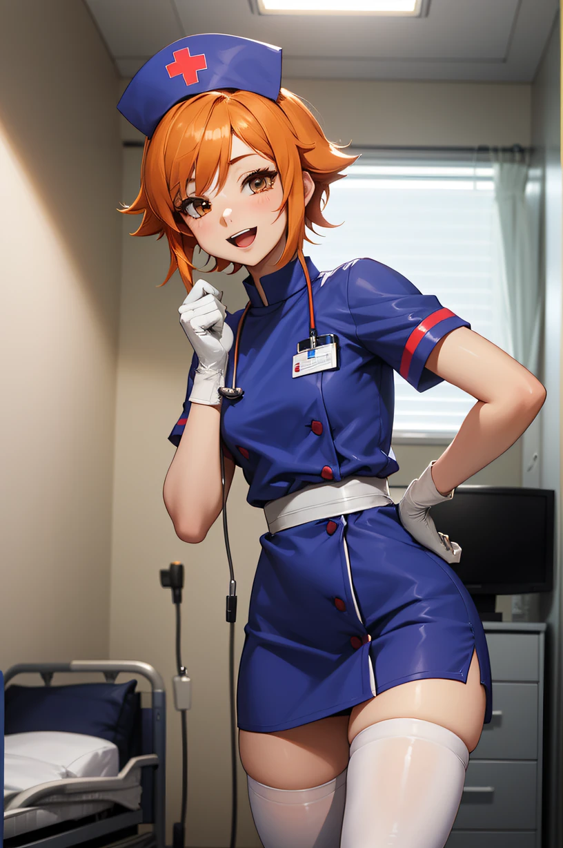 1girl, solo, nurse, nurse cap, white wear, ((white legwear, zettai ryouiki)), white gloves, very short hair, orange hair, smile, open mouth, standing, ((hospital room)), sharp outline, short sleeves, tomboy, boyish, best quality, masterpiece