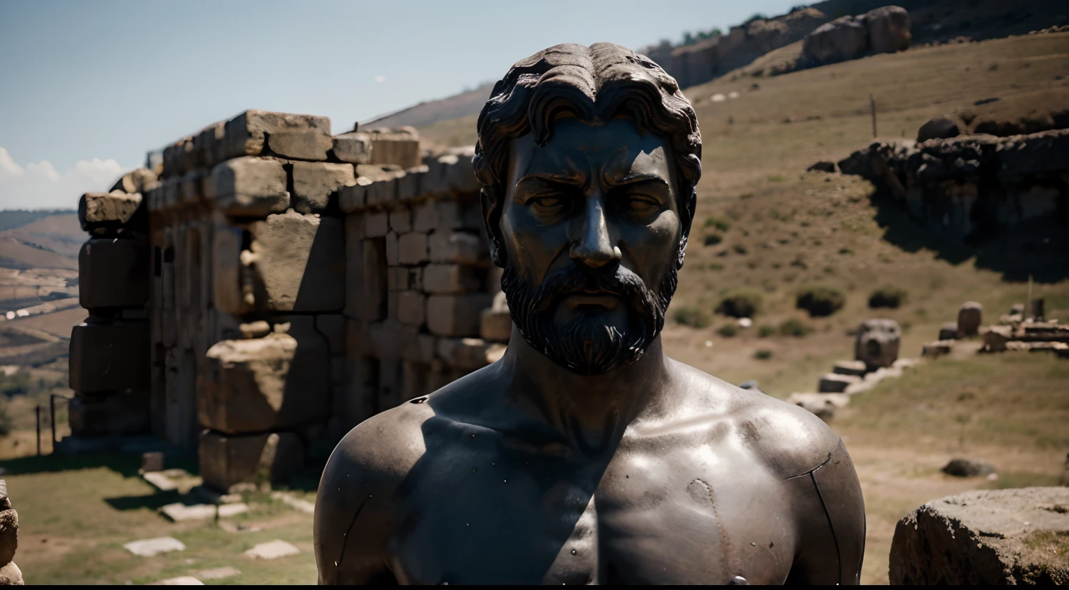 Ancient Stoic Statue With Very Angry Expression, tem barba, muitos detalhes em ambos os olhos, Outside, fundo atenas grego, open sky, com rosto extremamente detalhado full body view, Colors with low saturation with dark tone, Filmado em Sony A7S III com Sony FE 35mm f/1.8, 12.1 MP, --AR 3:2 --estilo cru