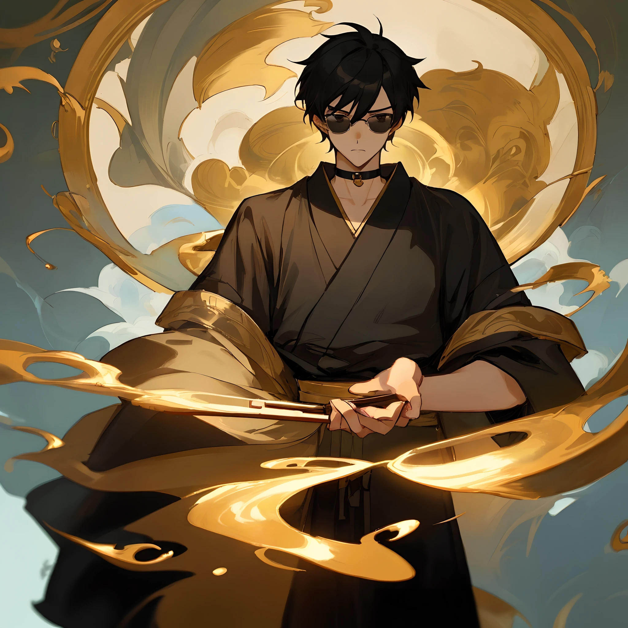 A masterpiece,delicated,Overlooking,Animated male,Anime male,Asian male face,male people,Angular face,with short black hair,middle score,Sunglasses for the blind,Golden eyes,Long face,Black clothes with gold rim,choker necklace,Chinese fan in hand