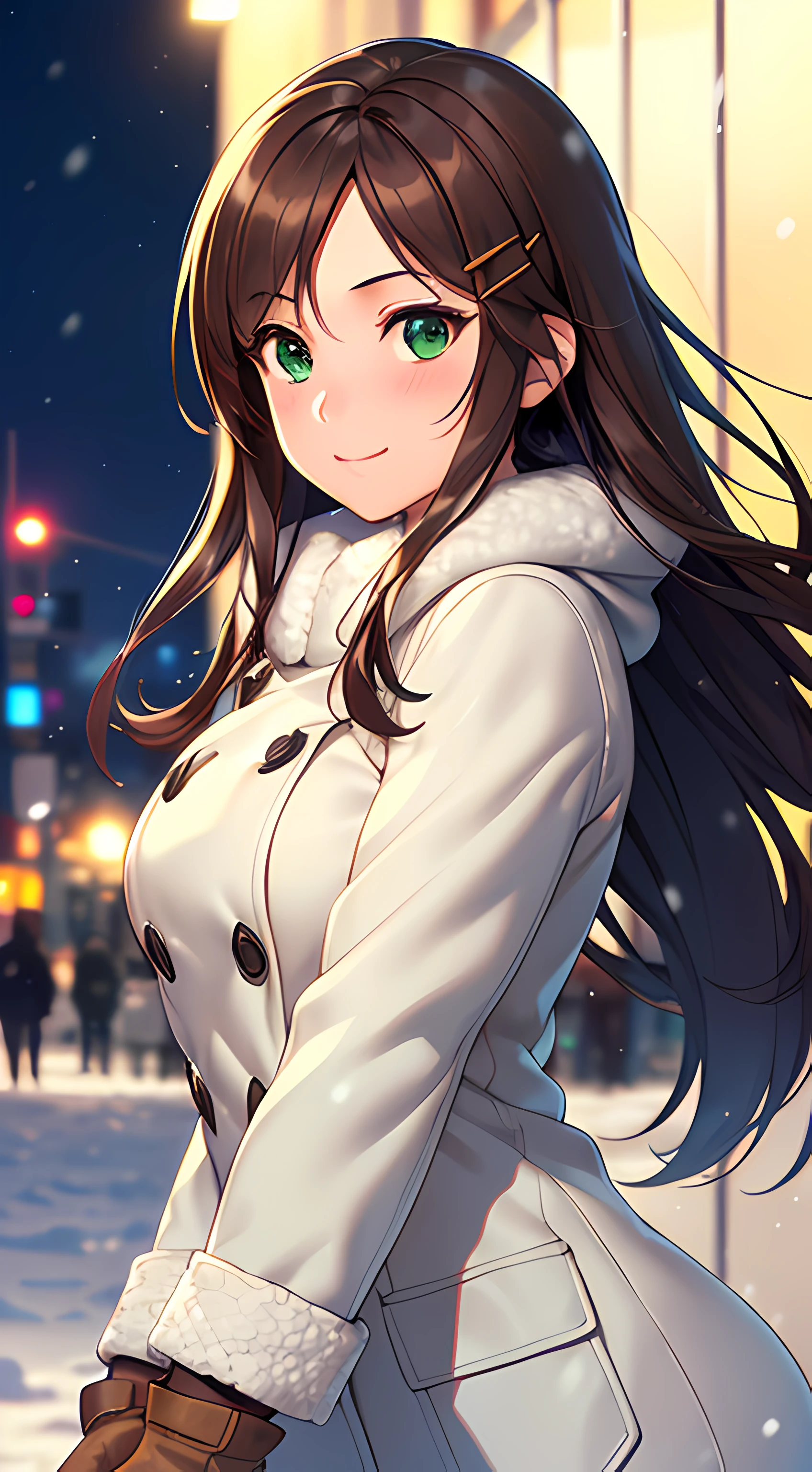 ((masterpiece, best quality, highres, UHD, perfect pixel, depth of field, 4k, RTX, HDR)), 1girl, single, solo, 24 years old, beautiful anime girl, beautiful art style, anime character, smile, beautiful smile, ((long hair, parted bangs, brown hair, hair pin)), (green eyes:1.4, rounded eyes, beautiful eyelashes, realistic eyes), (detailed face, blushing:1.2), (smooth texture:0.75, realistic texture:0.65, photorealistic:1.2, cinematic, anime CG style), medium breasts, perfect body, busty, (dynamic angle, POV, close up), ((winter clothes, long coats, mittens, gloves, long underwear)), night, city lights, bokeh:1.4, (outdoor, city buildings, crowd), ((winter, snowfall:1.8, the wind blows)), (graceful, prestigious, glorious, elegant)