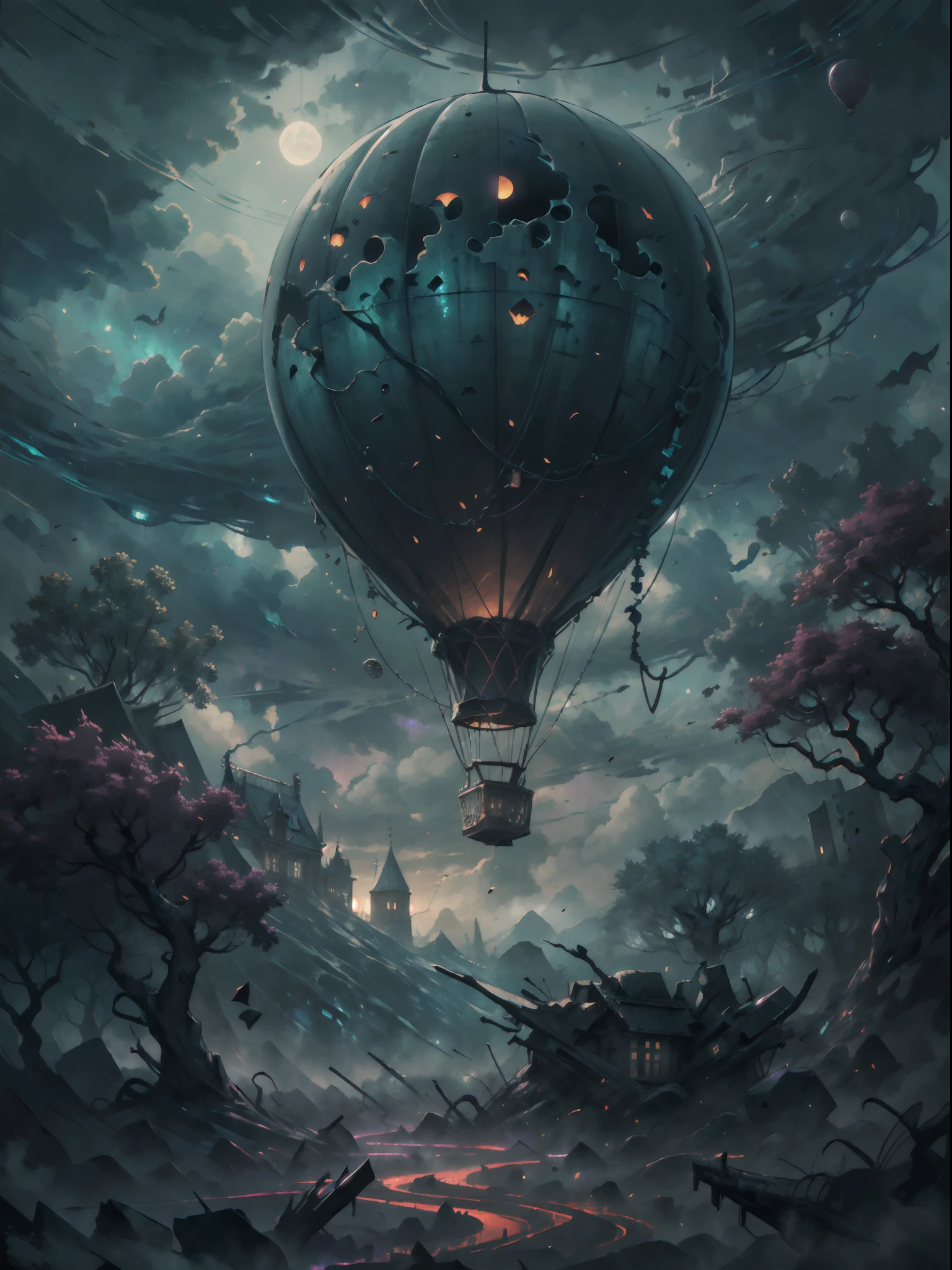 best quality,4k,8k,highres,masterpiece:1.2,ultra-detailed,realistic:1.37
,hot air balloon,HP.lovecraft style,above the cloud
,mysterious landscape,darkened sky,ominous atmosphere,foreboding clouds,eerie glow
,ancient script on the balloon,elaborate carvings,ghastly tentacles,weird symbols
,uncanny sense of scale,imposing size,,crumbling ruins
,ethereal light beams,pale moonlight,subtle glow,shadows and highlights,haunting shadows
,deeper hues of blue and purple,subdued color palette,occasional bursts of vibrant colors
,impression of movement,wisps of fog,gently swaying trees,floating debris
isolated,desolate,forgotten,calm yet unsettling,unearthly,creepy atmosphere