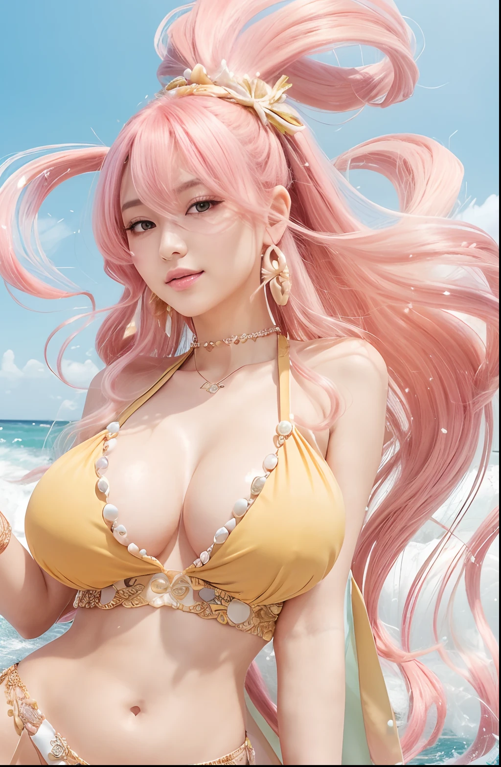 ((extremely detailed CG unity 8k wallpaper)), masterpiece, ultra-detailed, Shirahoshi is described as cute,She has very long, flowing pink hair with a taiyaki shaped hairgrip.Her breasts are large and most of her upper body is exposed.She tends to have signs of blush on her cheeks due to her shy nature.Shirahoshi is renowned for her beauty,She wears slits top wearing a yellow halter covered in pearls with straps that flared and reached the back of her neck. She also wore shell earrings and a belly chain with fabric hanging down the front.
