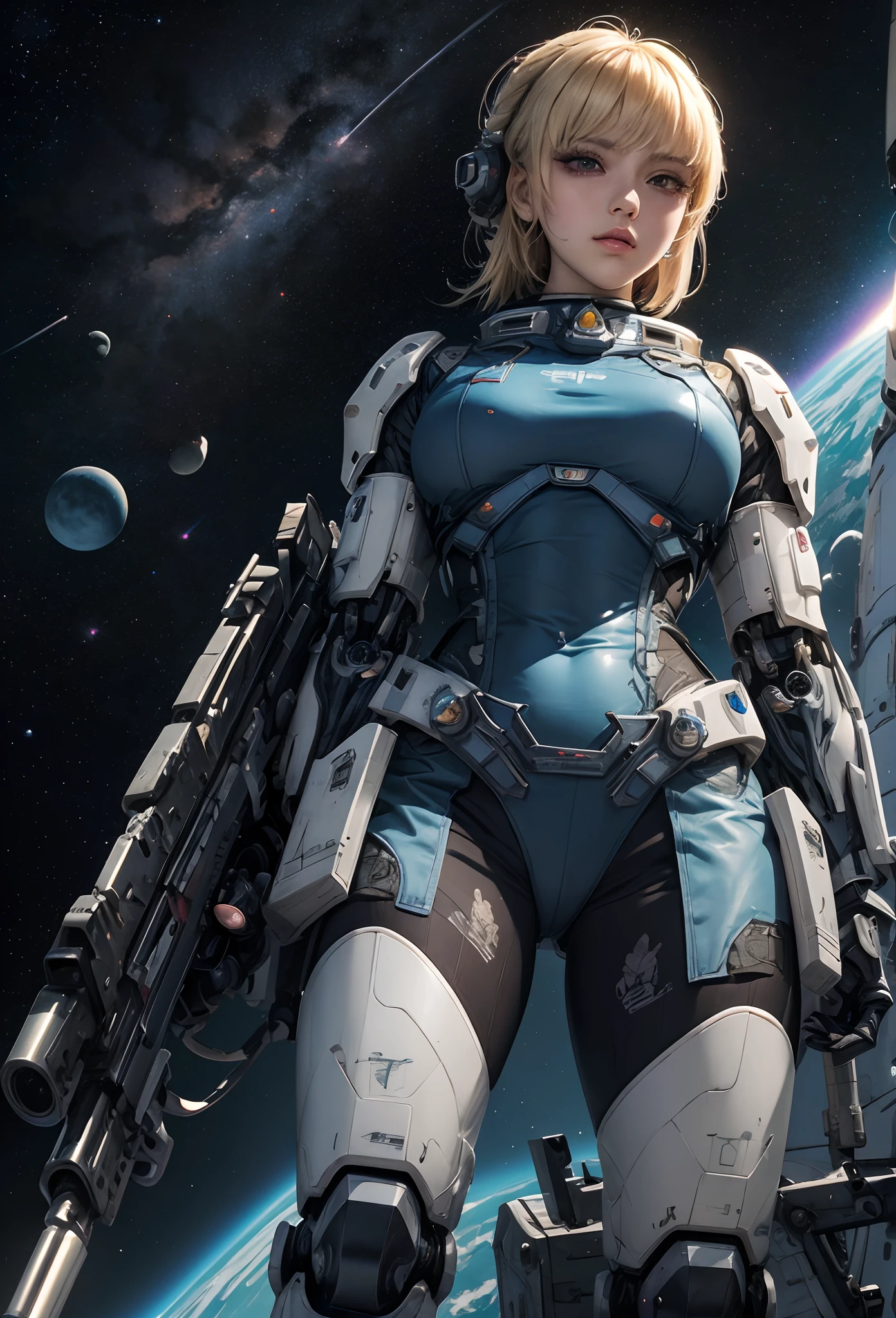 (Detailed illustrations,Very detailed and detailed drawing,Delicate lines with slow and rapid,Realistic texture expression),[Color tressed main line],(Space Battlefield [Space Mobile Fortress]),[独奏],HENTAI (((ANIME) BIONICGirl) Beauty  ((well-muscled) [plump])) (Astronauts Cyborg) [Space Marine Corps Military [MASCHINEBODY]],Bullet Belt Javelin [[Firearms, Machine Guns, Bazookas] Saber Rifle ][[Rocket Pack]],Zero Gravity Front,gravure [[White Devil] [Outer space combat]] Battle Damage,[retro-futuristic],(Intricate and beautiful decoration [Dense detail]),(Fine and beautiful skin expression [Transparency]),[Perfect eye details (Iris beautifully drawn in every detail)[Jewel-like eyes]],[long and beautiful eyelashes],[Meticulously drawn hair [More on beautiful and shiny hair]],(Perfect hand details [Beautiful fingers without breakdowns [Beautiful nails]]),(Perfect Anatomy (Perfectly proportioned)) [[Full body like]],[[Design built to the highest level]][Ideal color coordination(Accurate simulation of light-material interactions)],(HighQuality,[Precision Detail] hight resolution,(detaileds,high-detail)),[Visual art that conveys a sense of narrative].