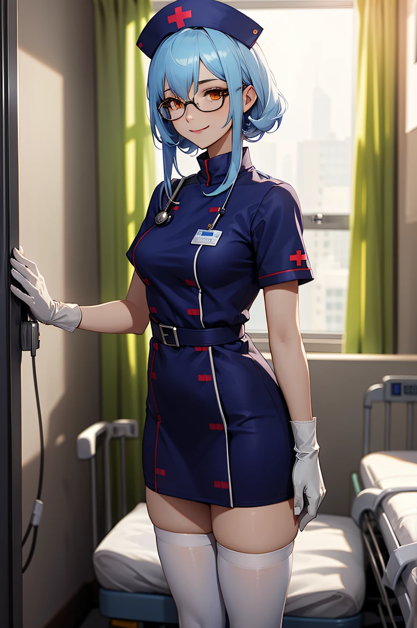 1woman, solo, nurse, nurse cap, white wear, ((white legwear, zettai ryouiki)), white gloves, glasses, blue hair, orange eyes, pink lips, standing, ((hospital room)), sharp outline, short sleeves, mature female, 32 years old, best quality, masterpiece