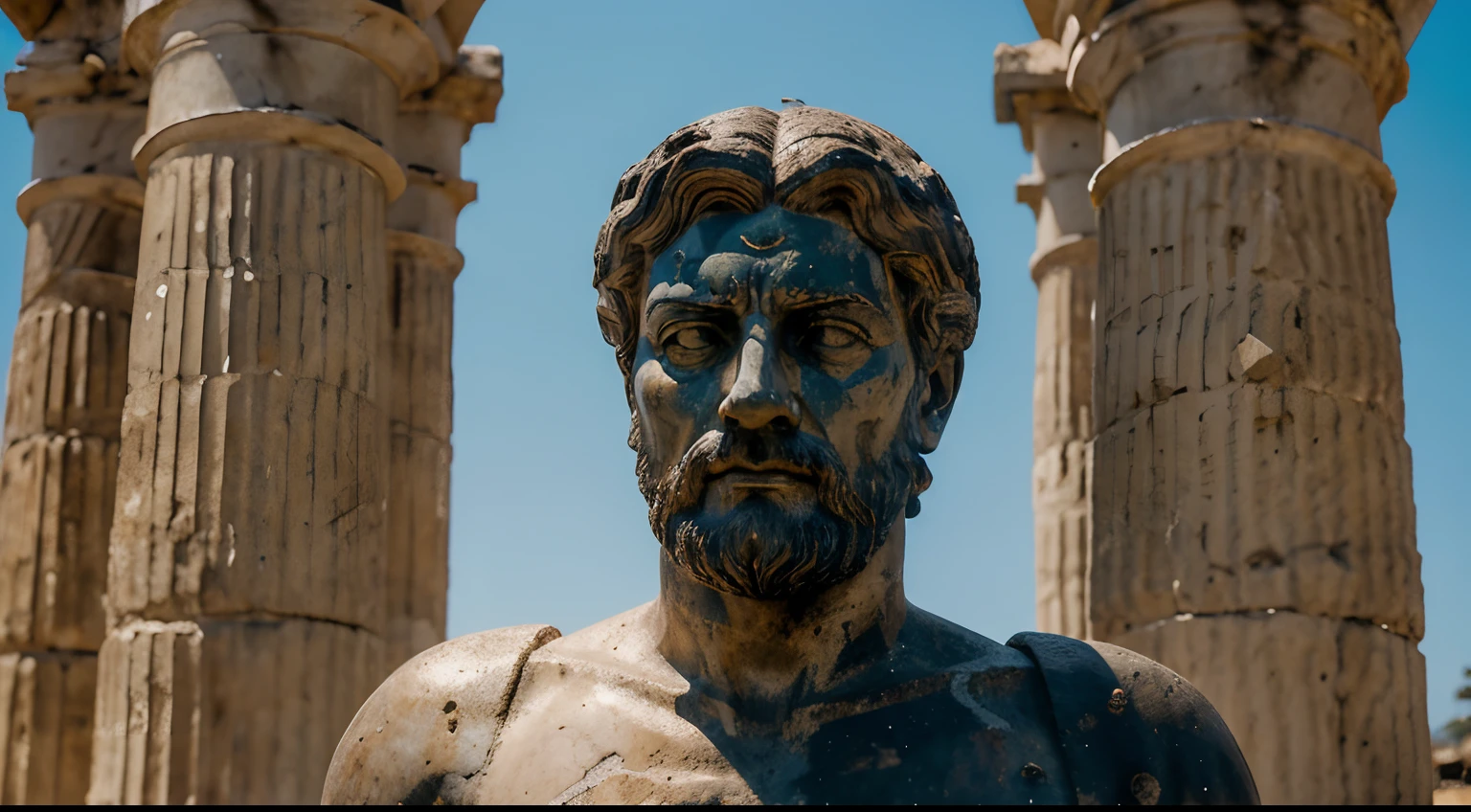Ancient Stoic Statue With Very Angry Expression, tem barba, muitos detalhes em ambos os olhos, Outside, fundo atenas grego, open sky, com rosto extremamente detalhado full body view, Colors with low saturation with dark tone, Filmado em Sony A7S III com Sony FE 35mm f/1.8, 12.1 MP, --AR 3:2 --estilo cru