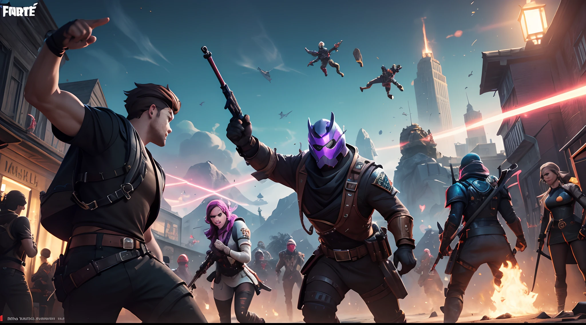 Mostrar o papel de parede da tela de abertura de um jogo que estou criando chamado FuryFall. This game will be a Battle Royale as a combination between Fortnite and Free Fire. O Wallpaper deve se parecer um pouco com o Fortnite com coisas neon, Multiple players in pro player outfits Some Squads, letreiro e emblema do FURYFALL (FF).