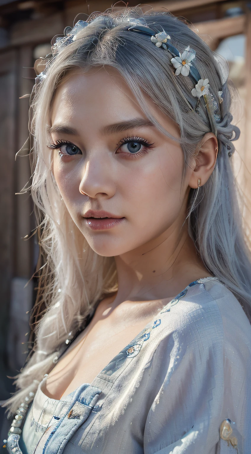 (best quality,4k,8k,highres,masterpiece:1.2),ultra-detailed,realistic,beautiful detailed eyes,beautiful detailed lips,extremely detailed eyes and face,longeyelashes,1girl,Korean dress,white hair,blue eyes,standing next to a sheep,old Joseon buildings,portraits,vivid colors,warm color tones,soft lighting,traditional atmosphere
