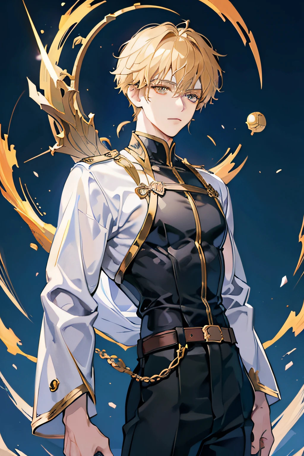 anime boy, short golden hair,golden eyes,wearing black pants, blue top, kingdom,absurdres,high res,ultrasharp,8K,masterpiece,looking at viewer, serious look, holding a sward, blue thunder, hero