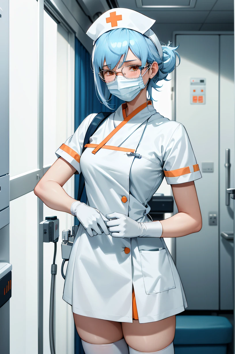 1girl, solo, nurse, nurse cap, white wear, ((white legwear, zettai ryouiki)), white gloves, glasses, blue hair, orange eyes, ((white surgical mask, covered nose)), standing, ((hospital room)), sharp outline, short sleeves, best quality, masterpiece