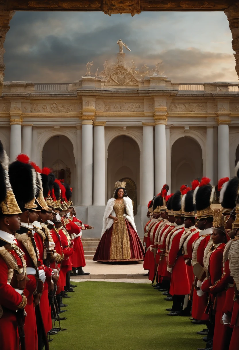 Visualize a dramatic scene where Blasian Queen Ranavalona III of Madagascar, in her castle on her knees, confronts French colonial soldiers. Soldiers should be depicted with white skin, dressed in French uniforms. The scene should look modern, as if it was photographed in our time, not like an old photo. The frame should clearly show that they are inside the queen's castle. No text on the image, please.