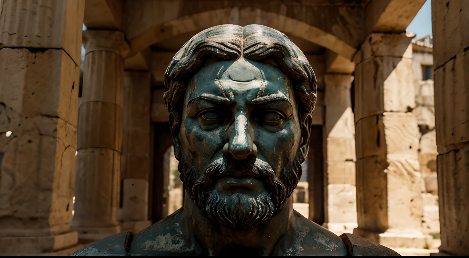 Ancient Stoic Statue With Very Angry Expression, tem barba, muitos detalhes em ambos os olhos, Outside, fundo atenas grego, open sky, com rosto extremamente detalhado full body view, Colors with low saturation with dark tone, Filmado em Sony A7S III com Sony FE 35mm f/1.8, 12.1 MP, --AR 3:2 --estilo cru