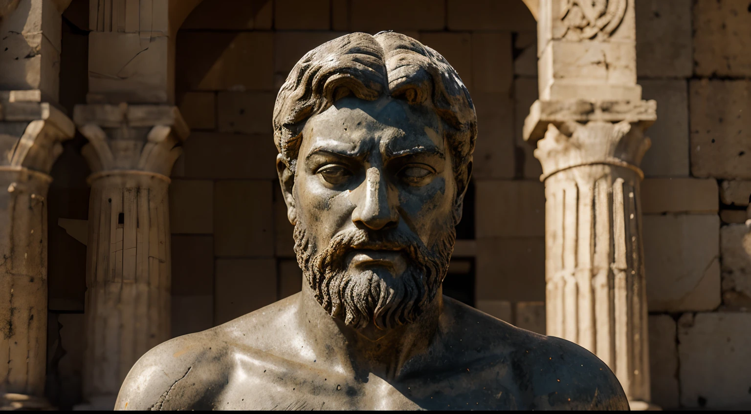 Ancient Stoic Statue With Very Angry Expression, tem barba, muitos detalhes em ambos os olhos, Outside, fundo atenas grego, open sky, com rosto extremamente detalhado full body view, Colors with low saturation with dark tone, Filmado em Sony A7S III com Sony FE 35mm f/1.8, 12.1 MP, --AR 3:2 --estilo cru
