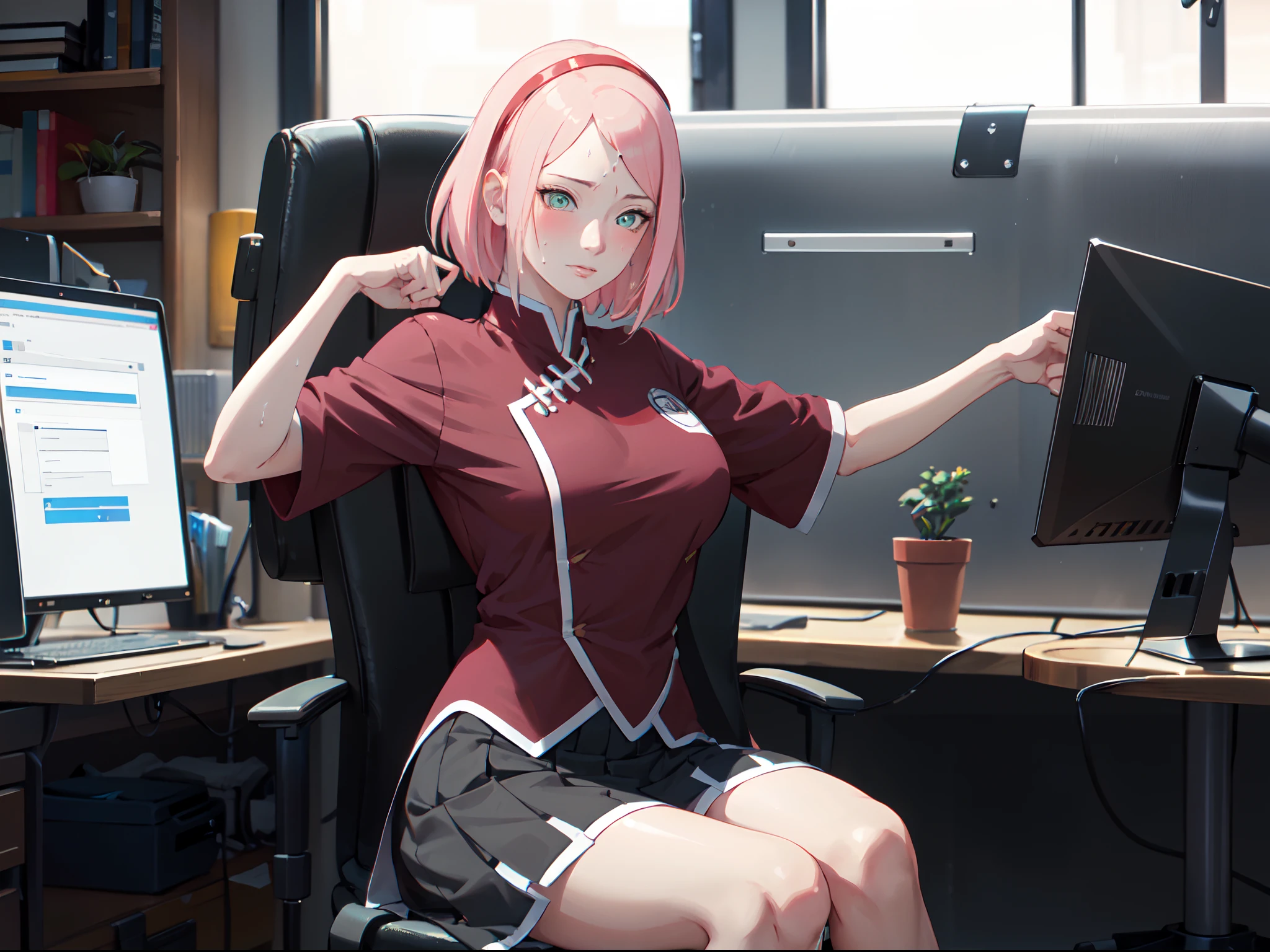 Masterpiece, absurderes , (Intricate details), (Colorful),Cinematic lighting,Bust Up Shot,Extremely detailed Cg Unity 8K wallpaper, Mature female,Wearing a white student uniform,Wear a school skirt,sat in an office,sitting on office chair,Looking at the phone,Look to the lens,thick thight, (perspire,Sweat a lot,Blushlush,Be red in the face,I had a lot of sweat on my face,Blushlush),(Bigboobs,Enchanting pose,A sexy pose),trending on pixiv, very hot colors, Best quality, Anime style: 1.9, 1girll, hires, Sakura Haruno,