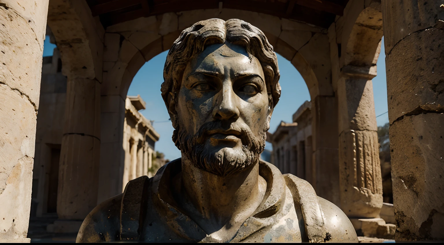 Ancient Stoic Statue With Very Angry Expression, tem barba, muitos detalhes em ambos os olhos, Outside, fundo atenas grego, open sky, com rosto extremamente detalhado full body view, Colors with low saturation with dark tone, Filmado em Sony A7S III com Sony FE 35mm f/1.8, 12.1 MP, --AR 3:2 --estilo cru