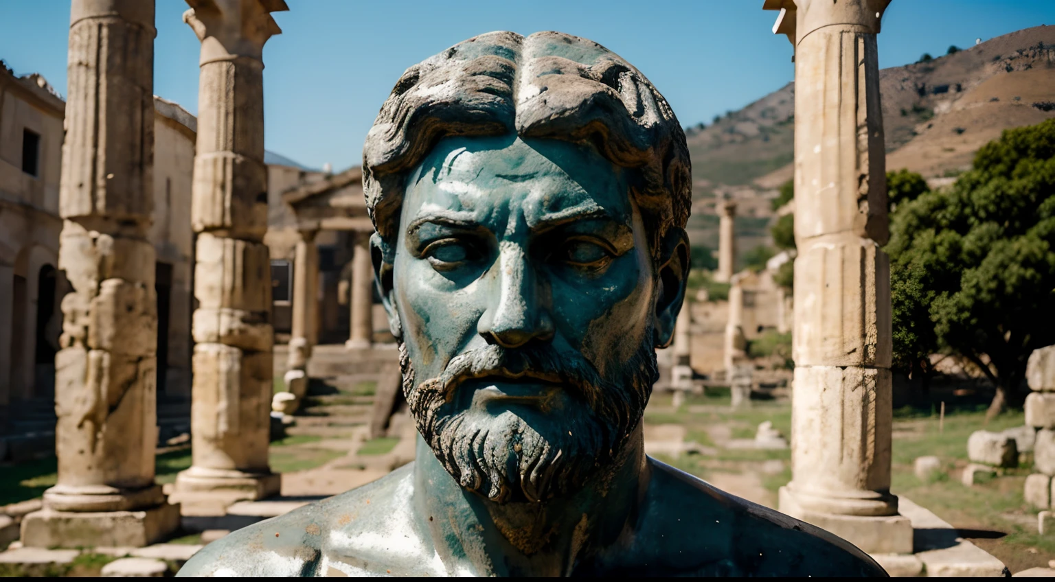 Ancient Stoic Statue With Very Angry Expression, tem barba, muitos detalhes em ambos os olhos, Outside, fundo atenas grego, open sky, com rosto extremamente detalhado full body view, Colors with low saturation with dark tone, Filmado em Sony A7S III com Sony FE 35mm f/1.8, 12.1 MP, --AR 3:2 --estilo cru