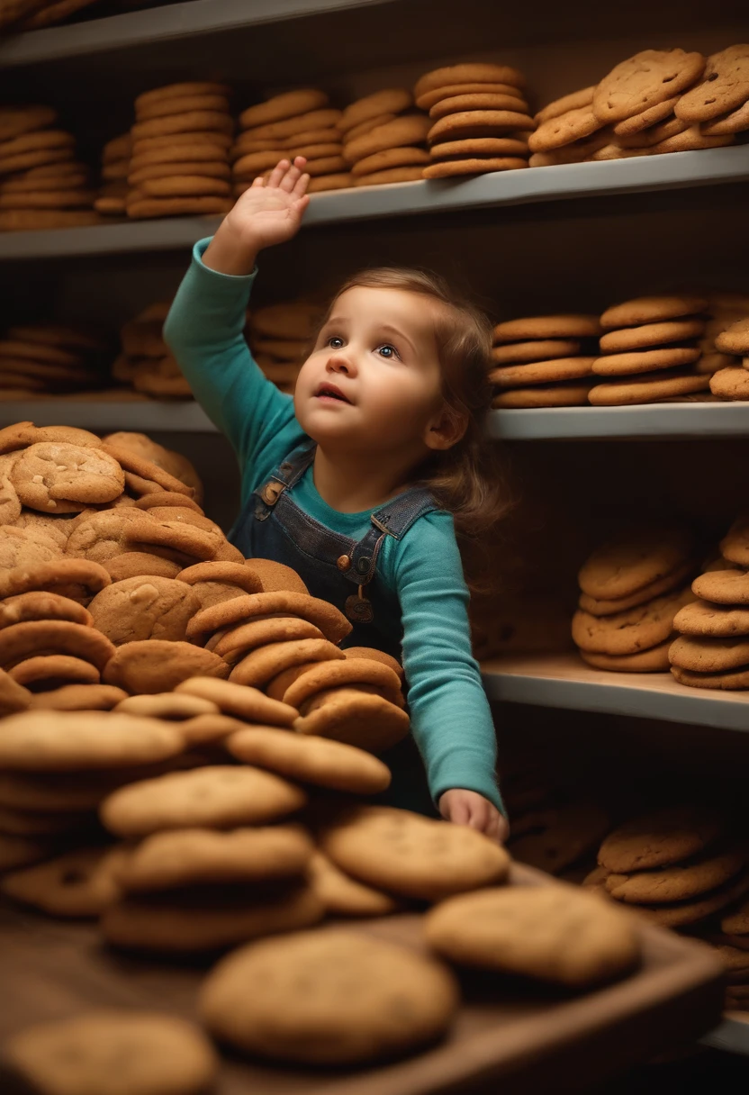 Create a picture of a small child, em um banquinho, reaching for the highest shelf to pick up a packet of cookies. Detail the expression of determination on her face and the precarious balance as she stretches.