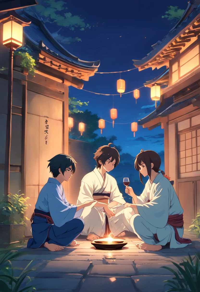 Three 14-year-old boys were married,Song dynasty costumes,Song Dynasty literati costumes,kneeling to sitting on the ground,They all had bowls of wine in their hands,In the center is the protagonist,The characters on the left and right sides are somewhat similar,