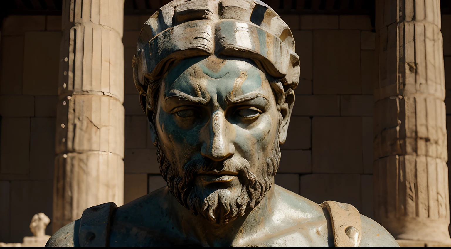 Ancient Stoic Statue With Very Angry Expression, tem barba, muitos detalhes em ambos os olhos, Outside, fundo atenas grego, open sky, com rosto extremamente detalhado full body view, Colors with low saturation with dark tone, Filmado em Sony A7S III com Sony FE 35mm f/1.8, 12.1 MP, --AR 3:2 --estilo cru
