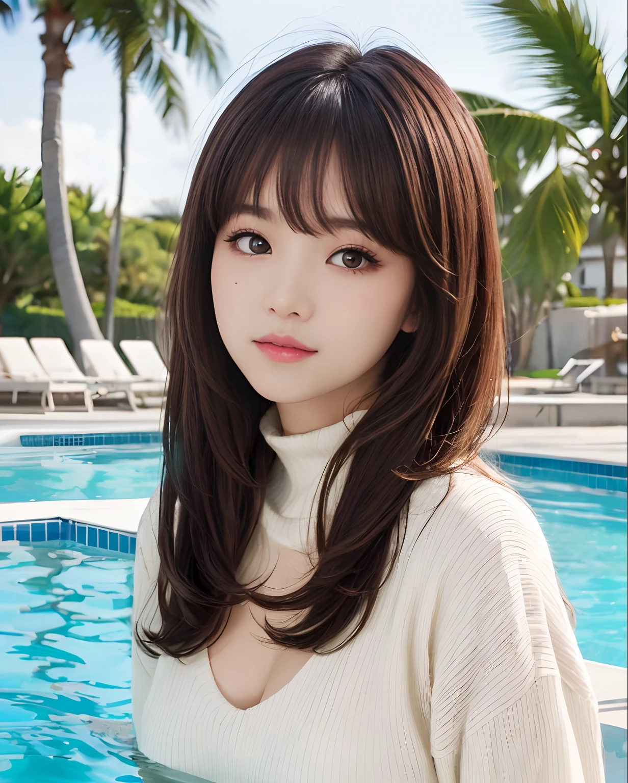 pureerosface_v1, best quality, photorealistic, 8k, high res, 1girl, woman, (skindentation), (portrait:0.6), gorgeous, dynamicpose, ((poolsidebackground:1.6)), coconut tree, ((mediumsize roundbreast, white highnecksweater:1.4)), straight-looking at viewer:1.8, (1girl eyes looking at viewer, medium-length hair, brownhair, partedbangs:1.65), (bokeh), smile:1.2, (closed mouth:1.16),