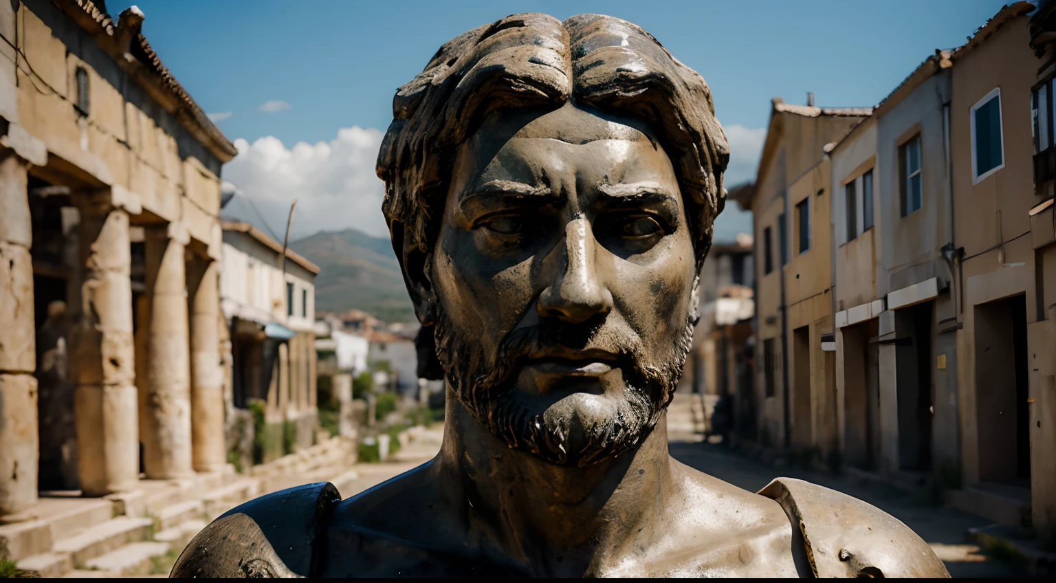 Ancient Stoic Statue With Very Angry Expression, tem barba, muitos detalhes em ambos os olhos, Outside, fundo atenas grego, open sky, com rosto extremamente detalhado full body view, Colors with low saturation with dark tone, Filmado em Sony A7S III com Sony FE 35mm f/1.8, 12.1 MP, --AR 3:2 --estilo cru