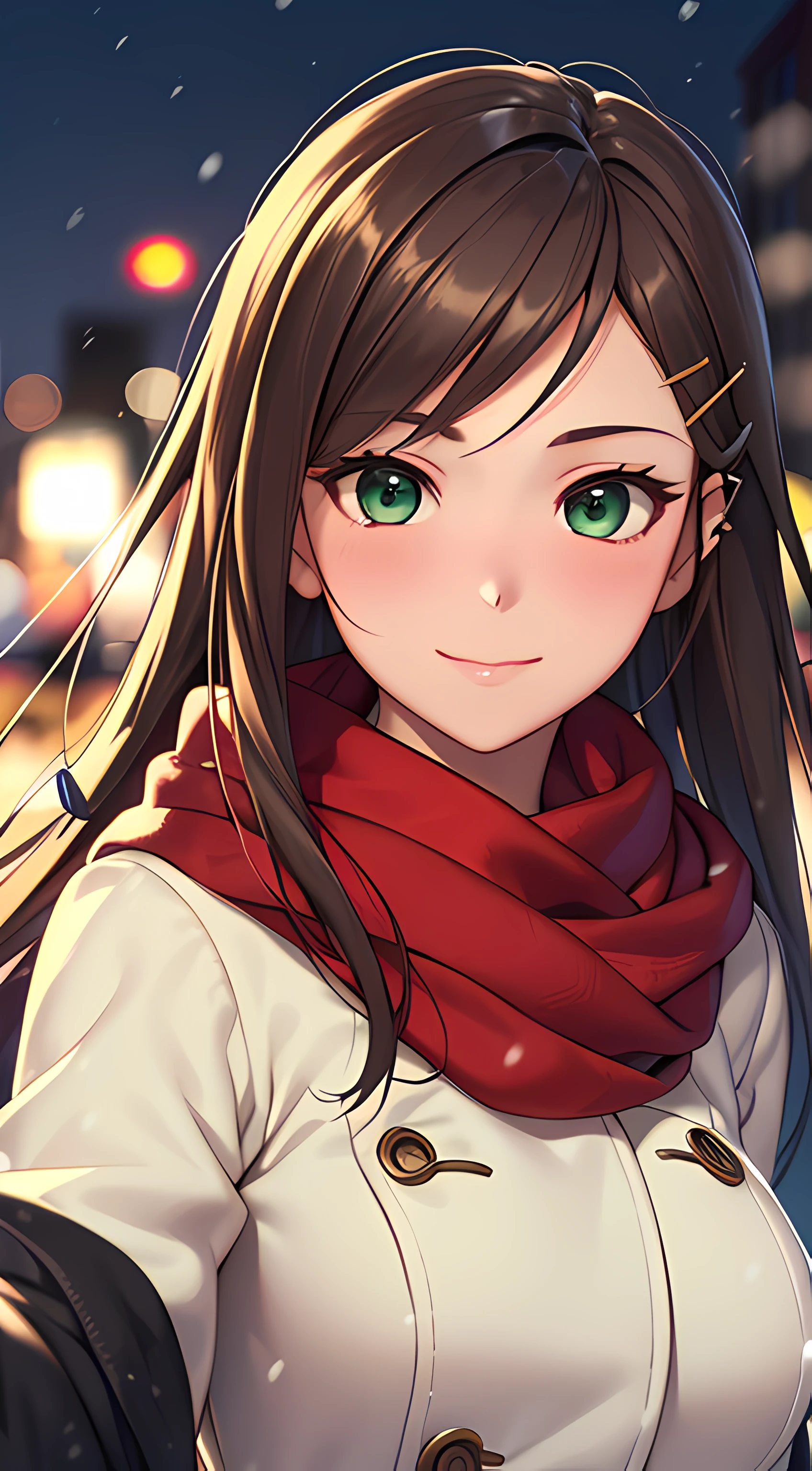 ((masterpiece, best quality, highres, UHD, perfect pixel, depth of field, 4k, RTX, HDR)), 1girl, single, solo, 24 years old, beautiful anime girl, beautiful art style, anime character, smile, beautiful smile, ((long hair, parted bangs, brown hair, hair pin)), (green eyes:1.4, rounded eyes, beautiful eyelashes, realistic eyes), (detailed face, blushing:1.2), (smooth texture:0.75, realistic texture:0.65, photorealistic:1.2, cinematic, anime CG style), medium breasts, perfect body, busty, (dynamic angle, POV, close up), ((winter clothes, long coats, mittens, gloves, red shawl)), night, city lights, bokeh:1.4, (outdoor, city buildings, crowd), ((winter, snowfall:1.8, the wind blows)), (graceful, prestigious, glorious, elegant)