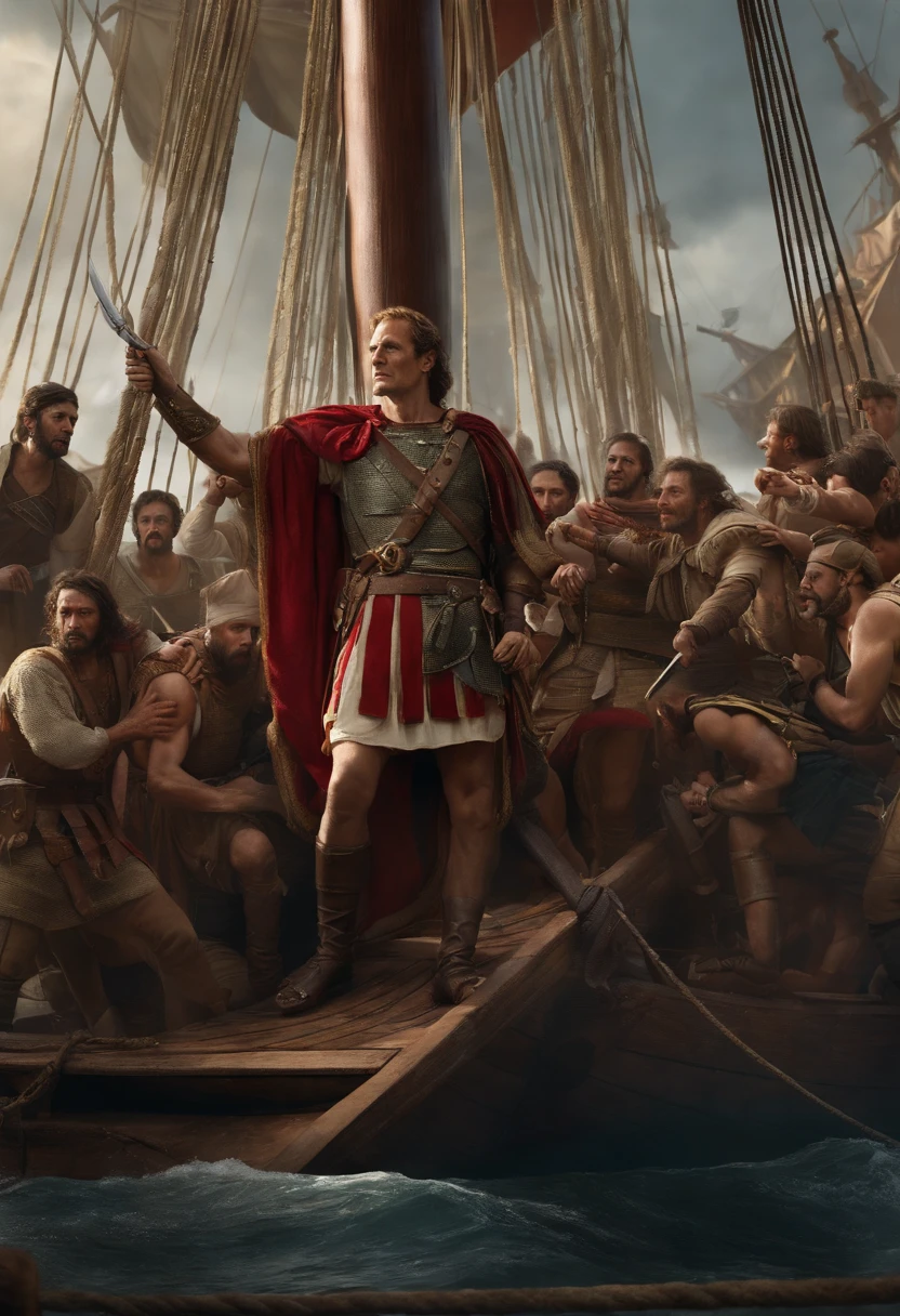 Julius Caesar being captured by pirates and kept inside a ship, done in very realistic colors, with pirates around Julius Caesar