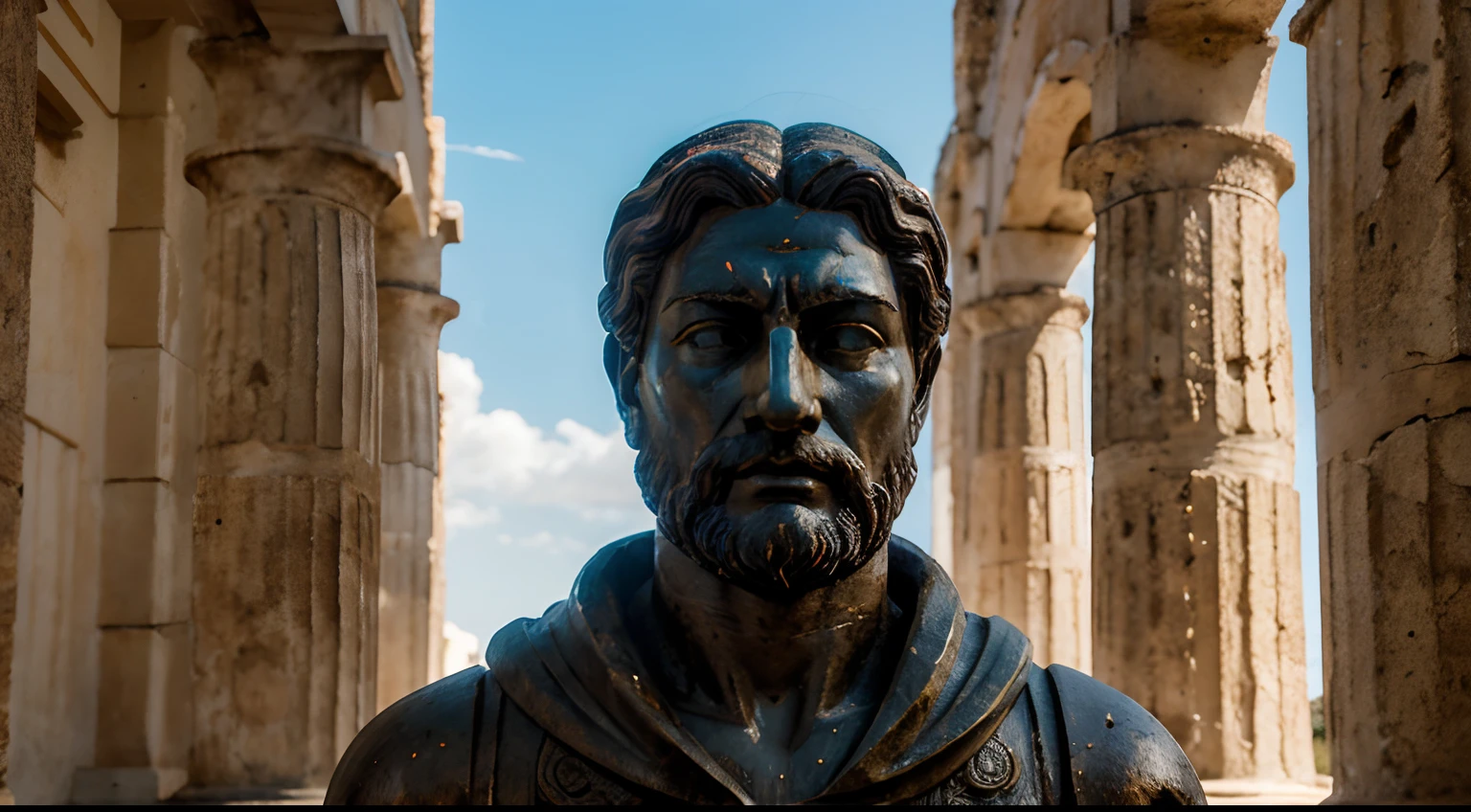 Ancient Stoic Statue With Very Angry Expression, tem barba, muitos detalhes em ambos os olhos, Outside, fundo atenas grego, open sky, com rosto extremamente detalhado full body view, Colors with low saturation with dark tone, Filmado em Sony A7S III com Sony FE 35mm f/1.8, 12.1 MP, --AR 3:2 --estilo cru