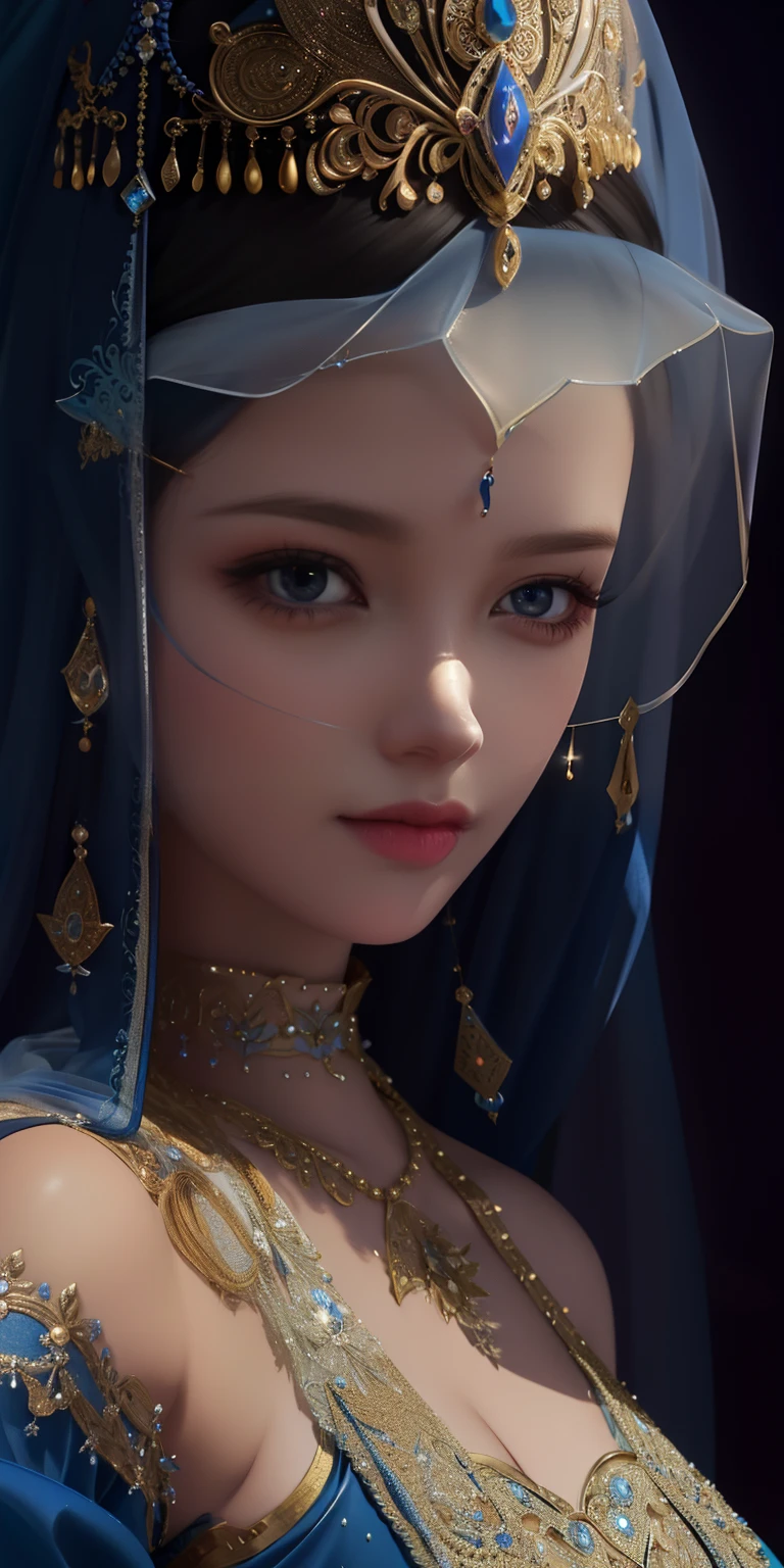 a close up of a woman wearing a veil and a blue dress, 8k high quality detailed art, beautiful character painting, arabian beauty, detailed beautiful face, beautiful fantasy art portrait, elegant digital painting, gorgeous digital painting, a stunning portrait of a goddess, fantasy art style, beautiful digital artwork, realistic digital art 4k, realistic digital art 4 k, beautiful fantasy portrait, Nigerian black girl