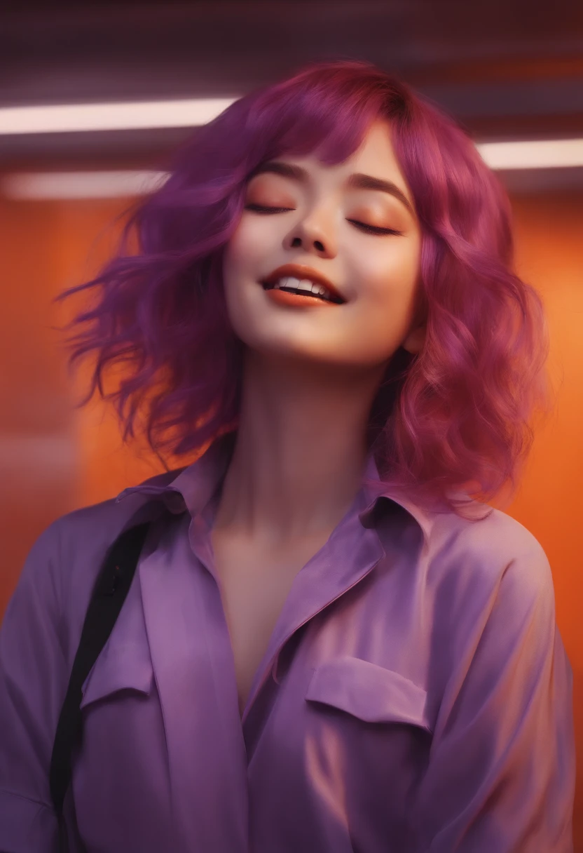 Raiden Shougn, Purple hair, Closed eyes, Laughing Girl, Open mouth, orange background, Portrait