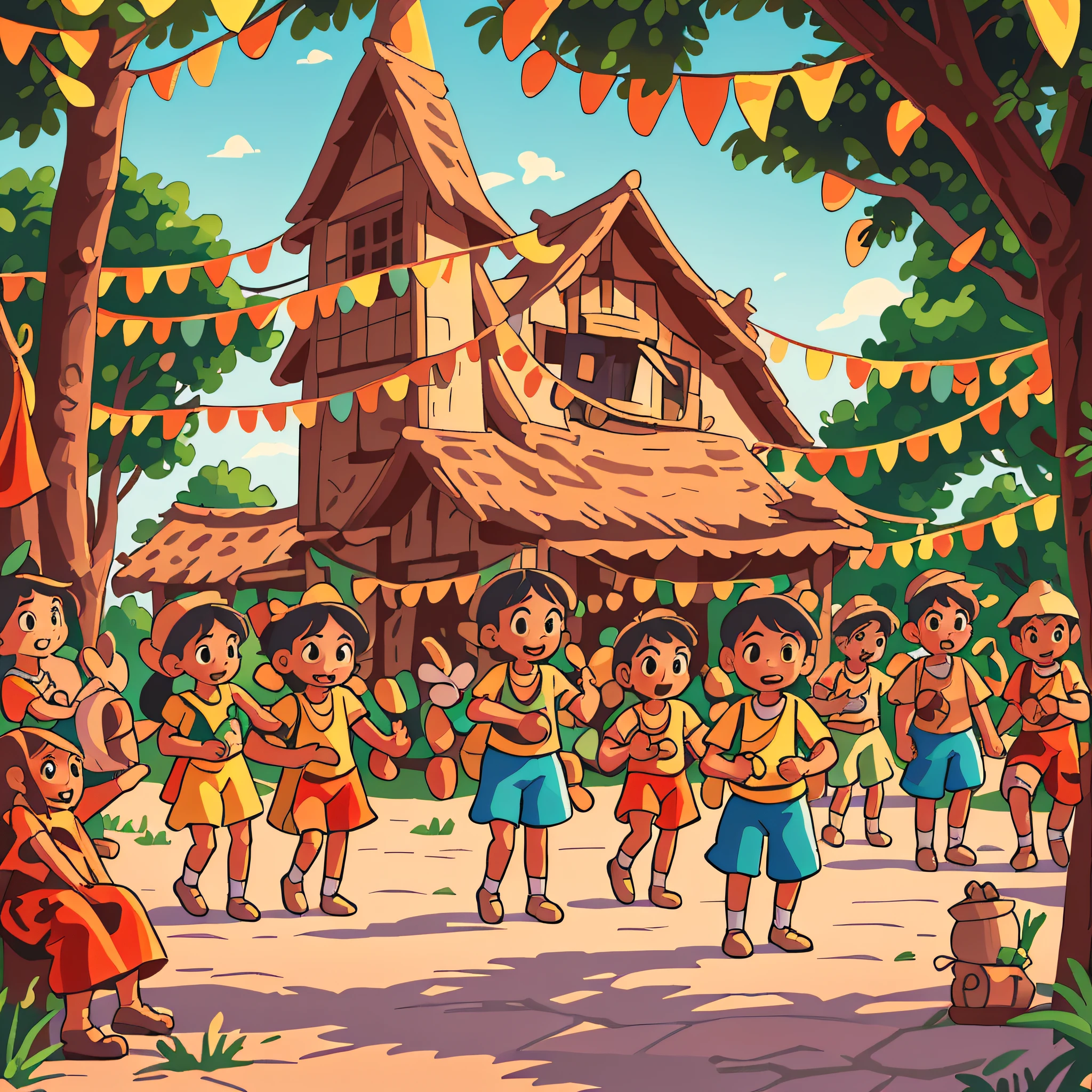 There are a lot of children in the village playing with each other, Official illustration, Cartoon style illustration, childrens art in artstation, A beautiful artwork illustration, colorful kids book illustration, Game illustration, children's book illustrations, Cartoon illustration, Official artwork, Stylized digital illustration, children illustration, children's book illustrations, animated movie still, children illustration, storybook illustrations