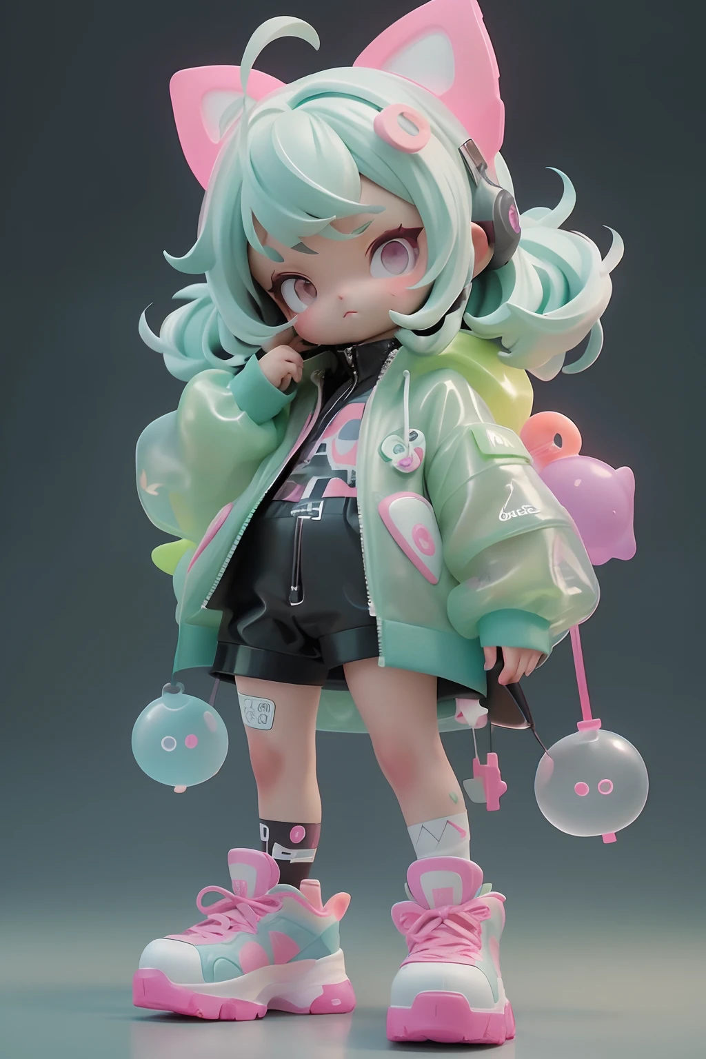 Cute little girl wrapped in clear plastic, tchibi, Fluorescent translucent sports fashion trend clothing, wearing nike shoes, Candy color, simple bright background, 3D toys, Cyberpunk Style, cinema4d, rendering by octane, 3D model, Collectible toys,nendoroid,Street style,by Pixar,Big shoes , Fashion trends, Close-up, Full body --AR 3:4 --q 2 50 --niji 5 --niji 5 --s 100 --stylistic expression --s 2