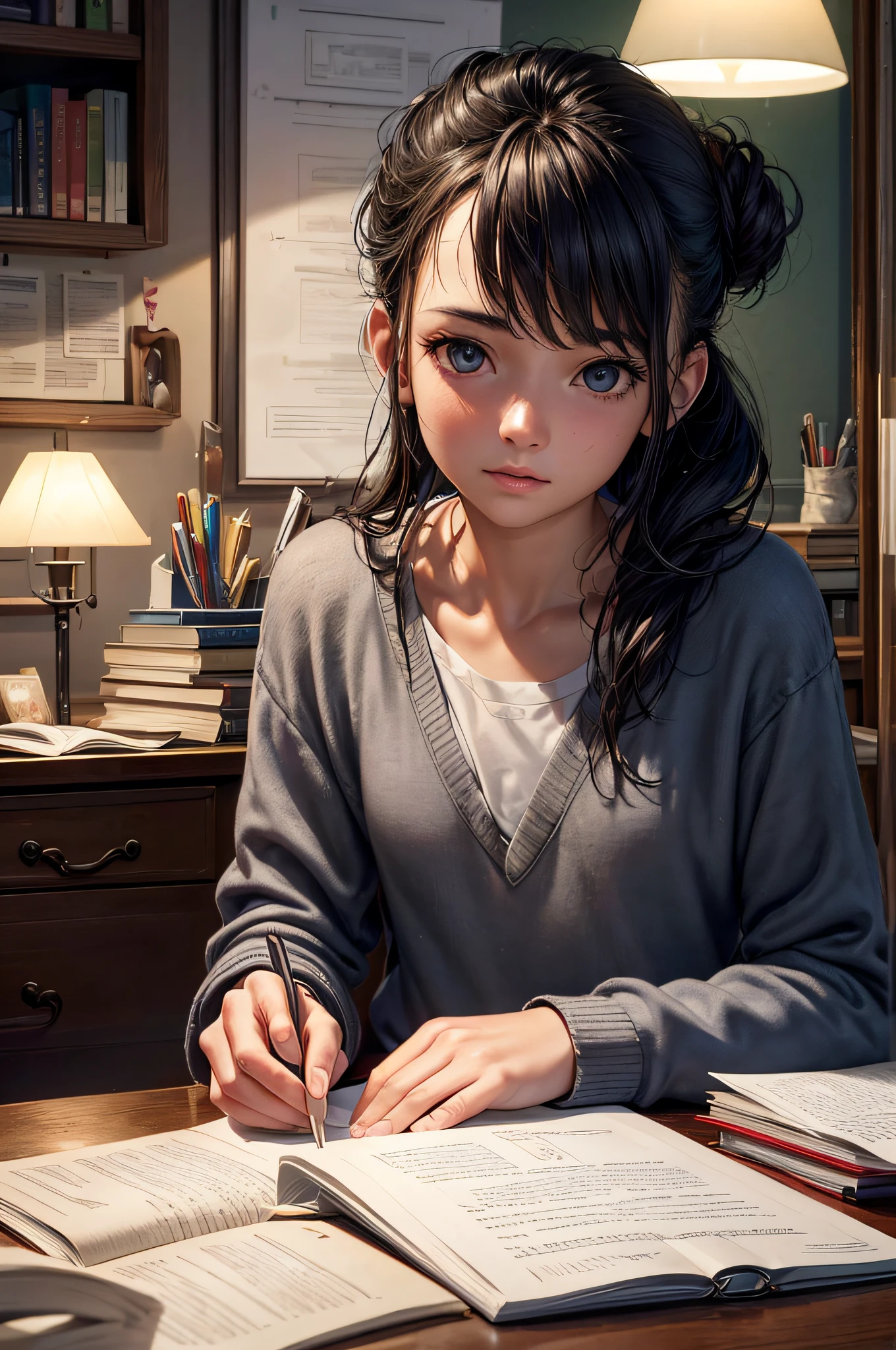 (8k, best quality, masterpiece:1.2), (realistic, photo-realistic:1.37), ultra-detailed, (1girl), long dark hair, slender, hair tied in a messy bun, sitting at her study desk, doing her homework, (the desk is messy), with books strewn around, (books piled high on the desk), stationery scattered on the table, paper sticking out of books and folders, ((a small modern study lamp is on the desk)), the table lamp is the only light in the dark room, ((room is very dark)), (background is dark), modern setting