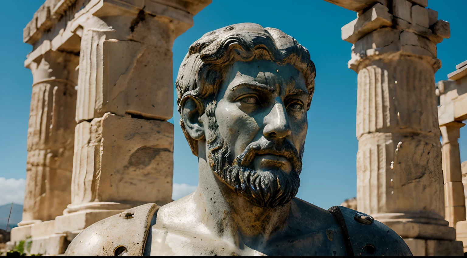 Ancient Stoic Statue With Very Angry Expression, tem barba, muitos detalhes em ambos os olhos, Outside, fundo atenas grego, open sky, com rosto extremamente detalhado full body view, Colors with low saturation with dark tone, Filmado em Sony A7S III com Sony FE 35mm f/1.8, 12.1 MP, --AR 3:2 --estilo cru