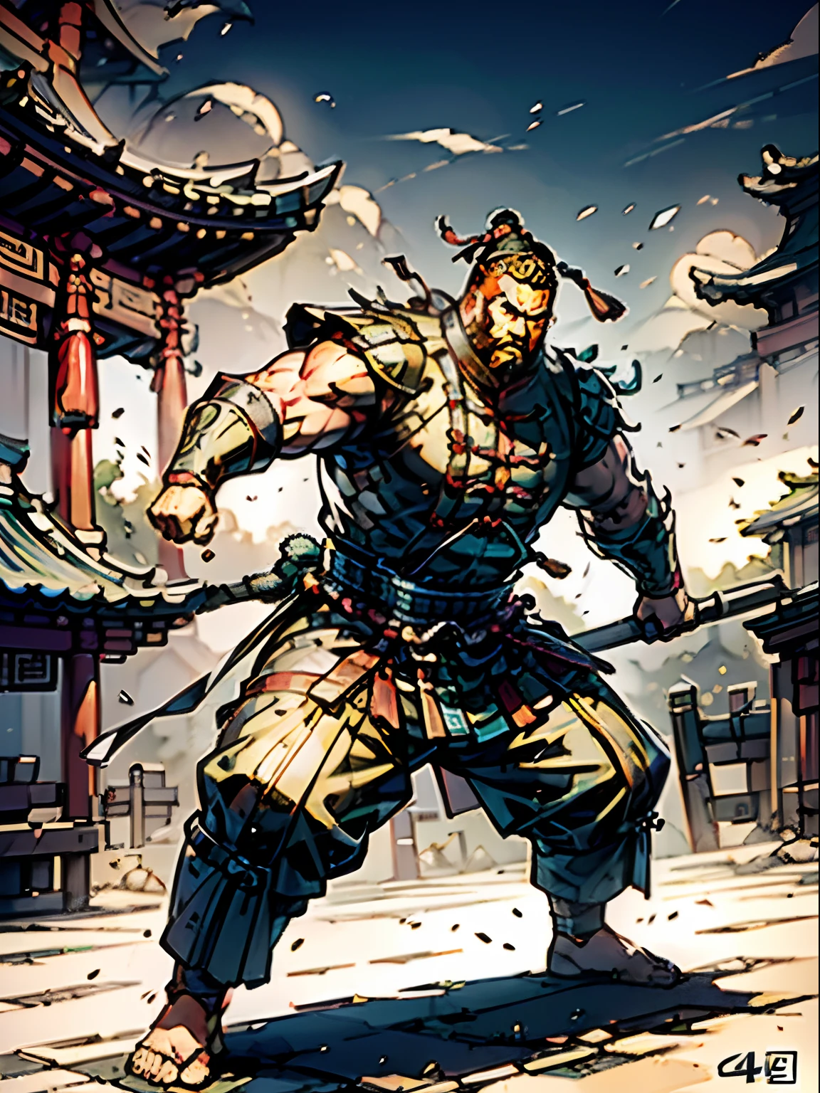 (Best quality,4K,A high resolution,Masterpiece:1.2),ring,strong,fat guy,Shirtless,Busking,Town,brave posture,Determined gaze,Fierce posture,imposing presence,Battle-hardened,,illustration,Get attention.Traditional Chinese clothing,China ink painting,Chinese Ancient Times