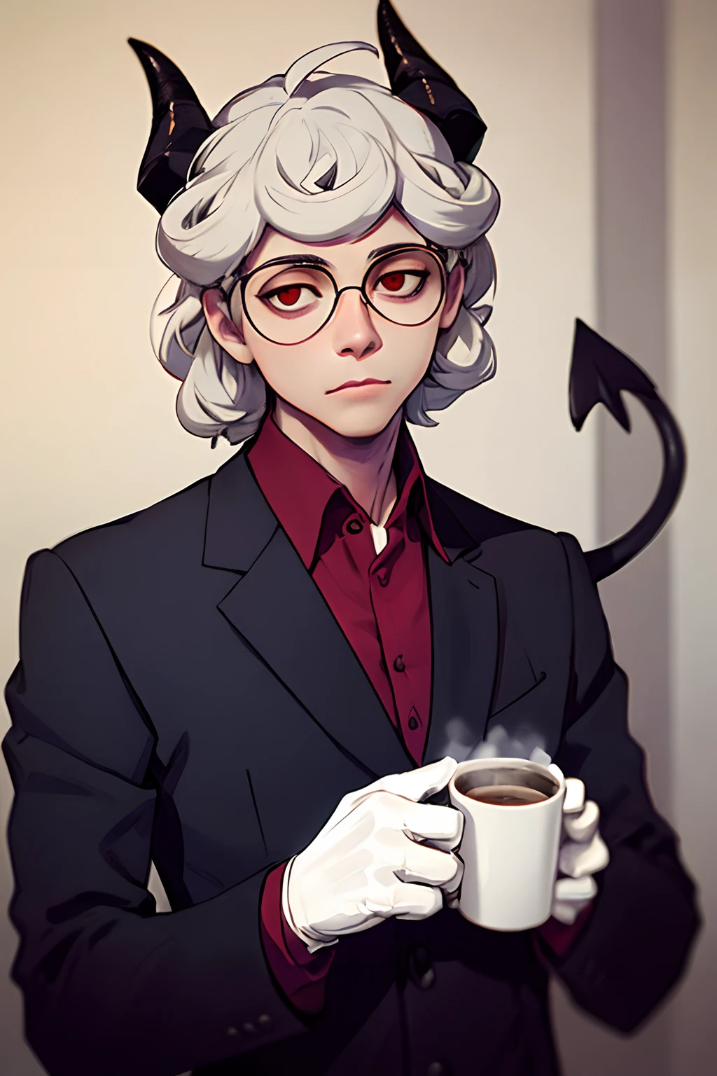 (masterpiece, best quality:1.2), solo, 1boy, htpandemonica, expressionless, looking at viewer, holding coffee mug, glasses, formal, suit, black jacket, red shirt, white gloves, black pants , demon horns, demon tail , realistic,HD,4K, perfect anatomy,male ,5 fingers ,