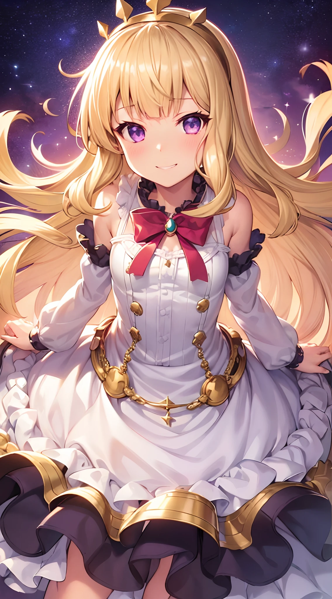 1girl, solo, anime screencap, character illustration, blonde hair, purple eyes, Cagliostro, long hair, CagliostroGrand, white dress, long sleeves, detached sleeves, frills, frilled dress, hairband, small breasts, smile, grin, evil smile, smug, face focus, arms behind back, upper body, looking away, (leaning forward), playful pose, circle framed galaxy, cute girl, sparkles, white background, transparent background, beautiful illumination, sun rays, trending on pixiv, masterpiece, 8k, best quality