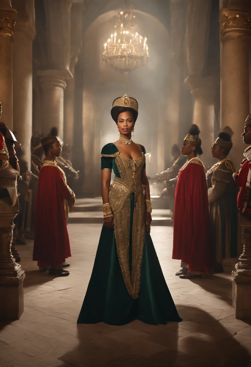 Visualize a dramatic scene where Queen Ranavalona III of Madagascar,Blasian in her castle on her knees, confronts French colonial white skin soldiers, with guns. Soldiers should be depicted with white skin. The scene should look modern, as if it was photographed in our time. 4K. The frame should clearly show that they are inside the queen's castle. No text on the image, please.