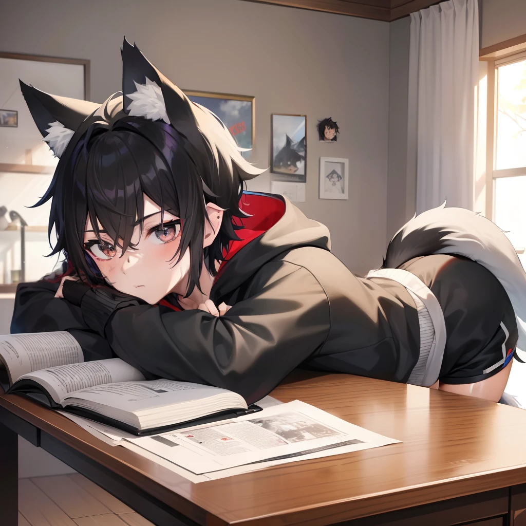 ((masterpiece, best quality, anime)), Sora, ((19 year old Boy)), ((4'6ft)) cute, ((Black messy short hair)) Black Hoodie with white stripes, Rearview, ((Red and Grey eyes)), ((Black Really Fluffy Wolf tail and ears)), Cute expression, Black and white Sport-Shorts with Thigh Highs. Writing homework on a table.