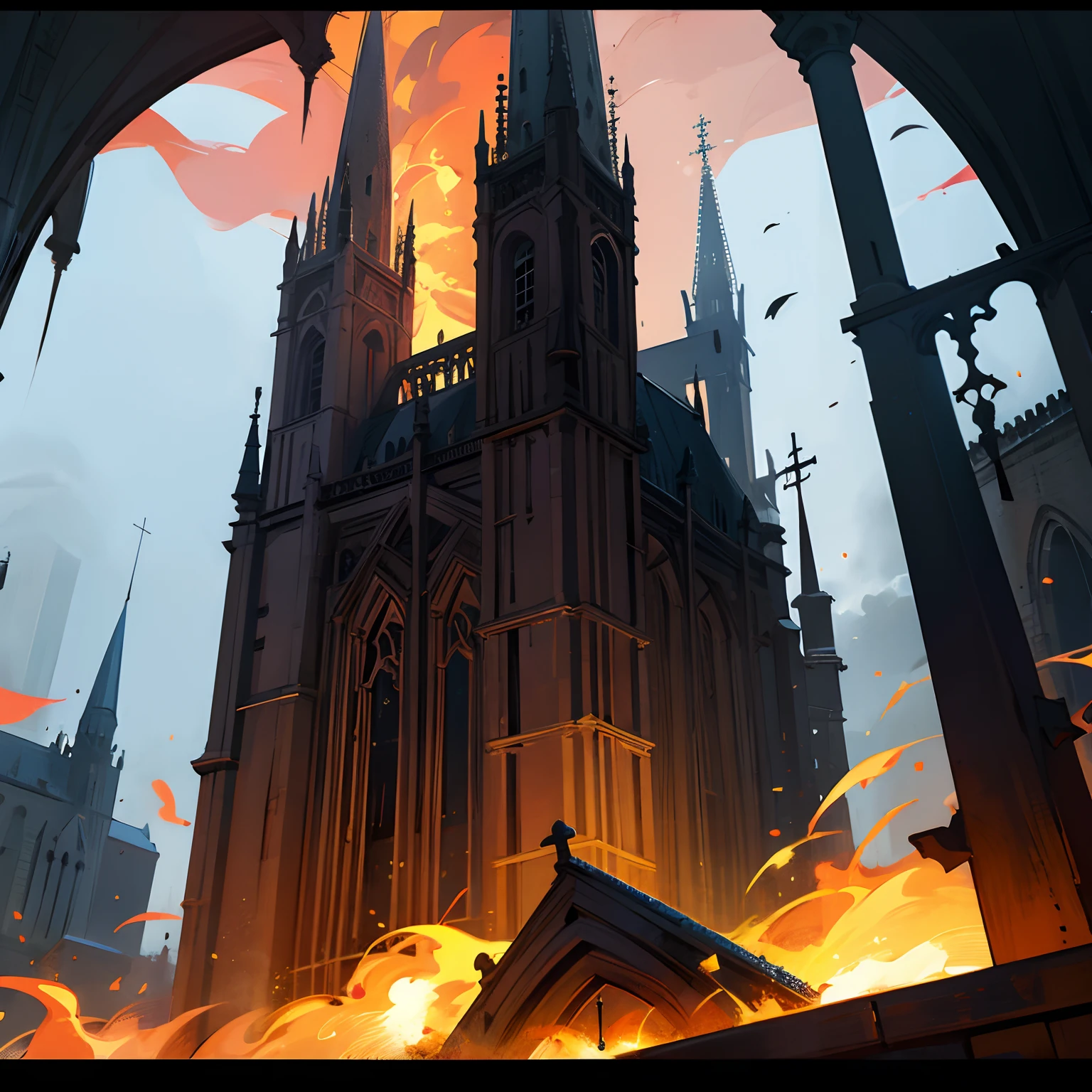 Fire on a gothic church on the city
