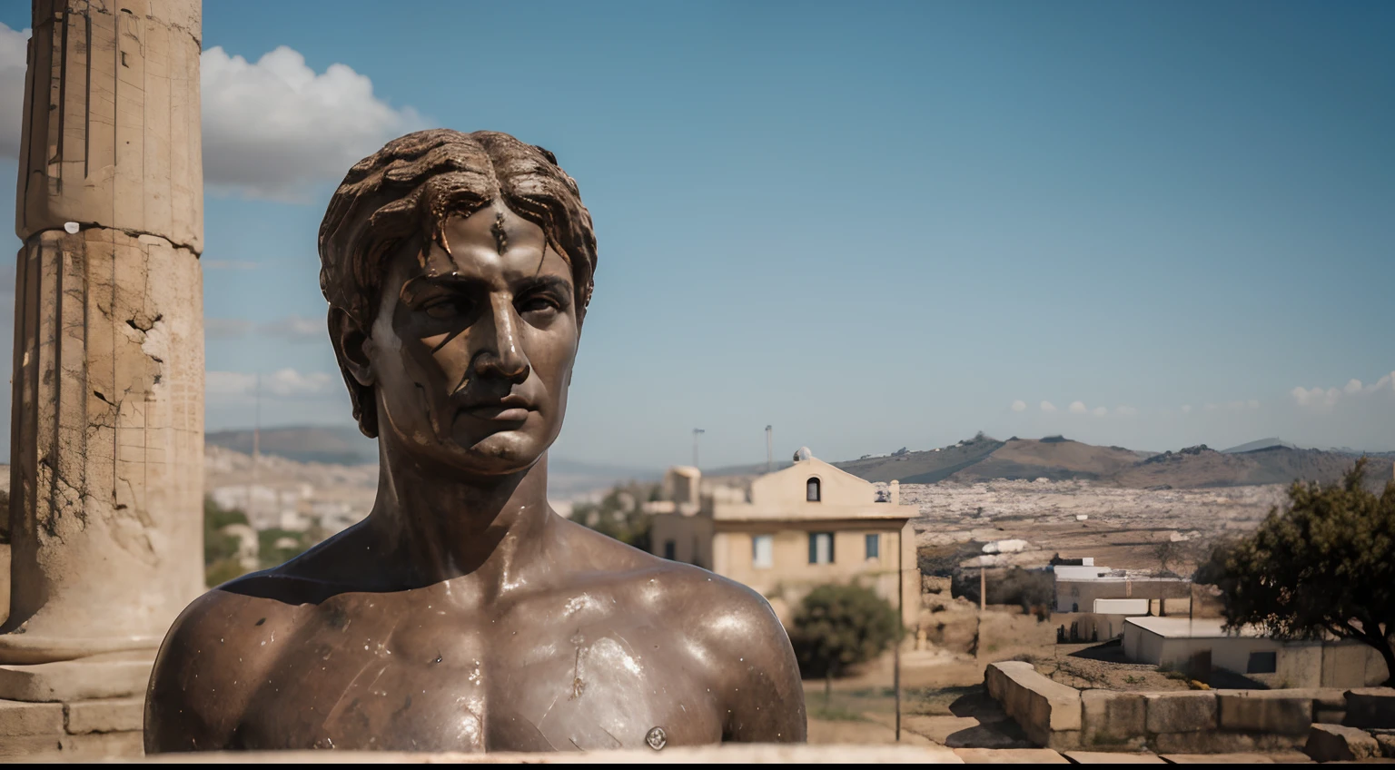 Ancient Stoic Statue With Very Angry Expression, tem barba, muitos detalhes em ambos os olhos, Outside, fundo atenas grego, open sky, com rosto extremamente detalhado full body view, Colors with low saturation with dark tone, Filmado em Sony A7S III com Sony FE 35mm f/1.8, 12.1 MP, --AR 3:2 --estilo cru