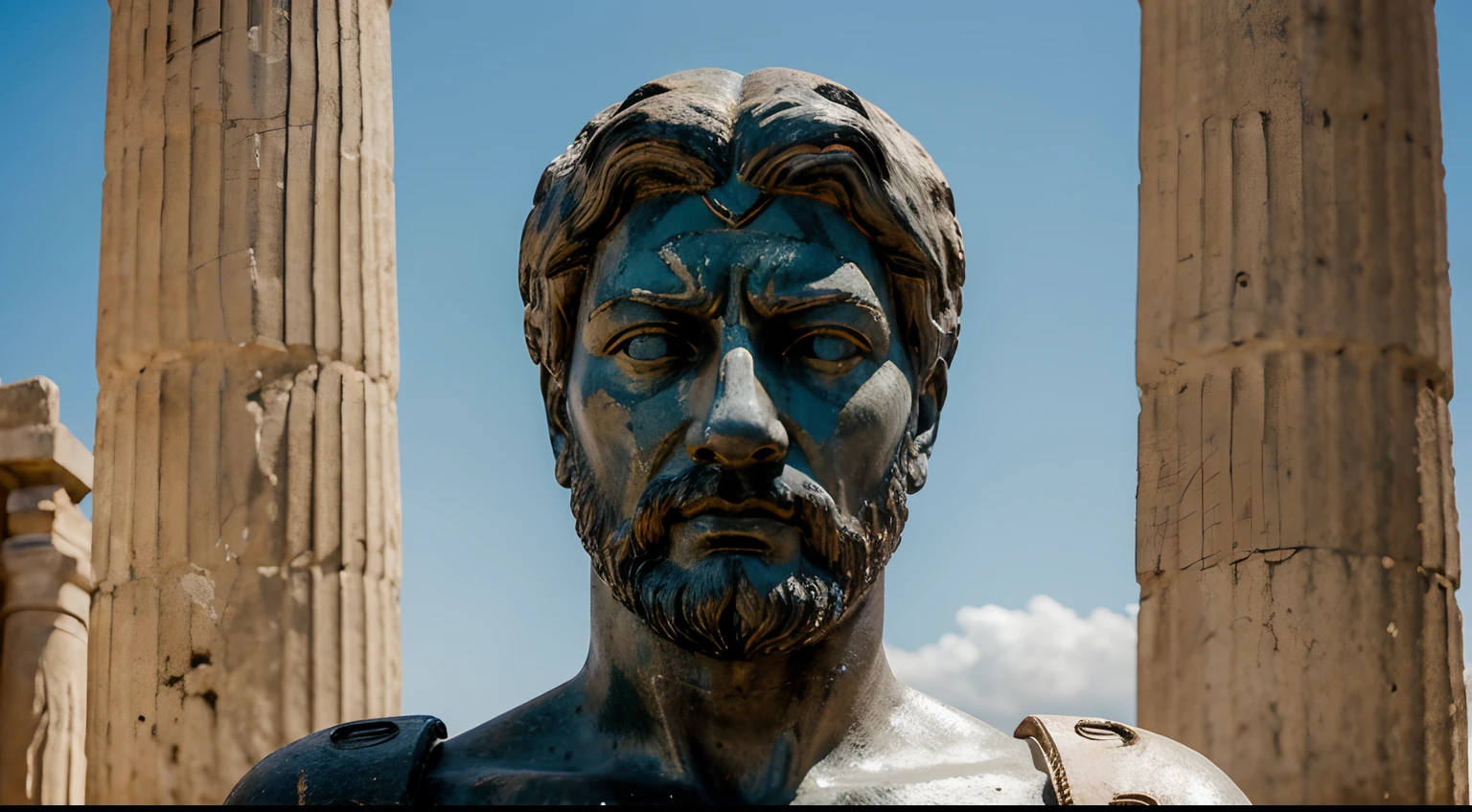 Ancient Stoic Statue With Very Angry Expression, tem barba, muitos detalhes em ambos os olhos, Outside, fundo atenas grego, open sky, com rosto extremamente detalhado full body view, Colors with low saturation with dark tone, Filmado em Sony A7S III com Sony FE 35mm f/1.8, 12.1 MP, --AR 3:2 --estilo cru