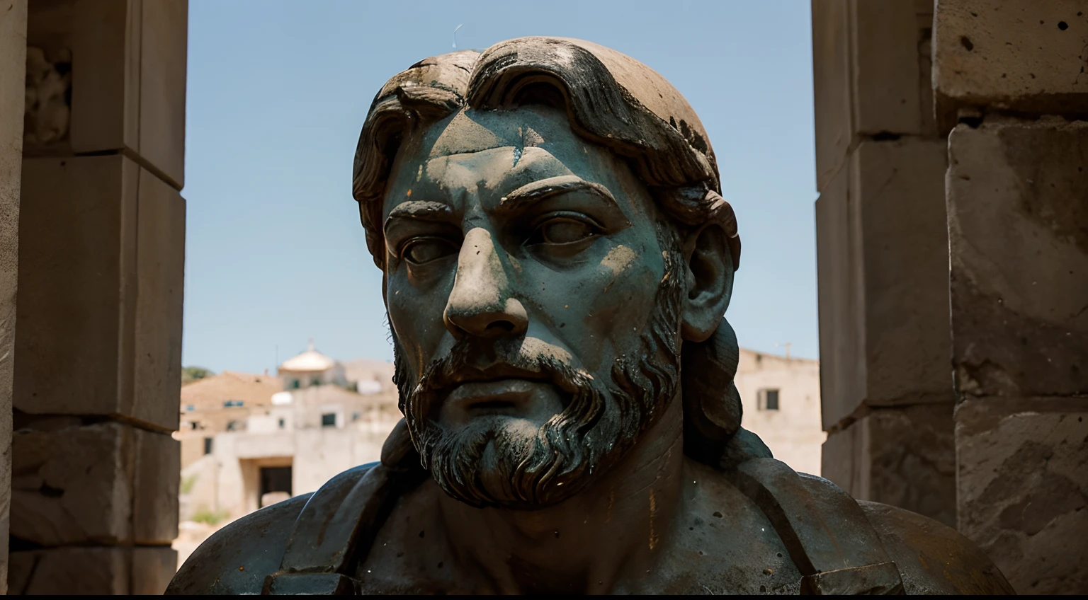 Ancient Stoic Statue With Very Angry Expression, tem barba, muitos detalhes em ambos os olhos, Outside, fundo atenas grego, open sky, com rosto extremamente detalhado full body view, Colors with low saturation with dark tone, Filmado em Sony A7S III com Sony FE 35mm f/1.8, 12.1 MP, --AR 3:2 --estilo cru