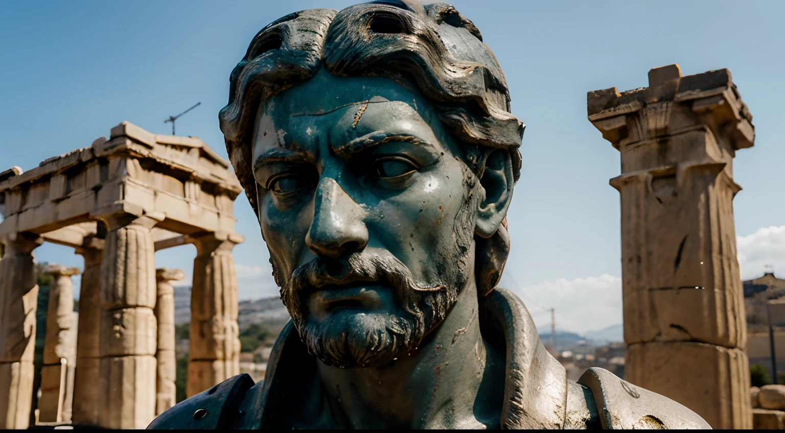 Ancient Stoic Statue With Very Angry Expression, tem barba, muitos detalhes em ambos os olhos, Outside, fundo atenas grego, open sky, com rosto extremamente detalhado full body view, Colors with low saturation with dark tone, Filmado em Sony A7S III com Sony FE 35mm f/1.8, 12.1 MP, --AR 3:2 --estilo cru