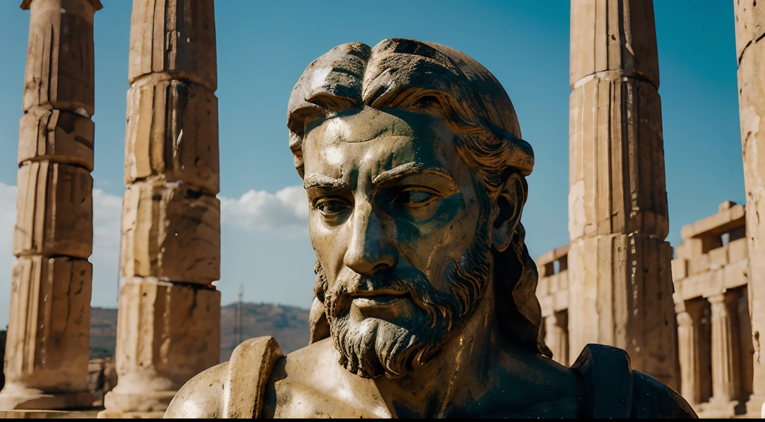 Ancient Stoic Statue With Very Angry Expression, tem barba, muitos detalhes em ambos os olhos, Outside, fundo atenas grego, open sky, com rosto extremamente detalhado full body view, Colors with low saturation with dark tone, Filmado em Sony A7S III com Sony FE 35mm f/1.8, 12.1 MP, --AR 3:2 --estilo cru