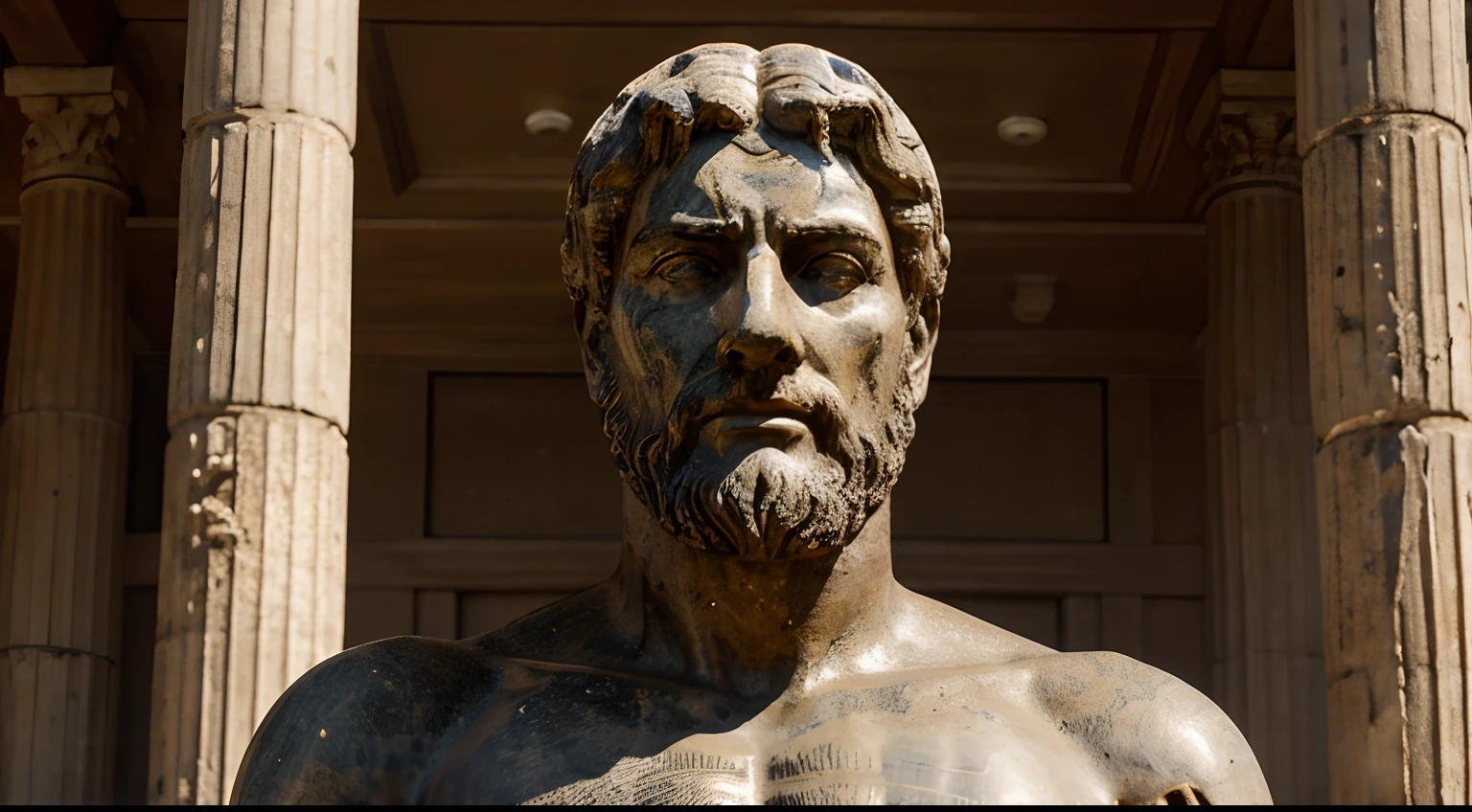 Ancient Stoic Statue With Very Angry Expression, tem barba, muitos detalhes em ambos os olhos, Outside, fundo atenas grego, open sky, com rosto extremamente detalhado full body view, Colors with low saturation with dark tone, Filmado em Sony A7S III com Sony FE 35mm f/1.8, 12.1 MP, --AR 3:2 --estilo cru