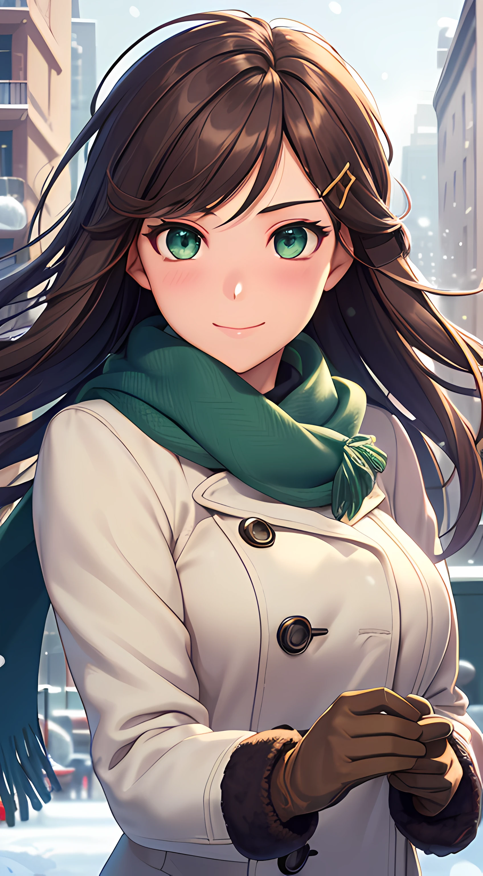 ((masterpiece, best quality, highres, UHD, perfect pixel, depth of field, 4k, RTX, HDR)), 1girl, single, solo, 24 years old, beautiful anime girl, beautiful art style, anime character, smile, beautiful smile, ((long hair, parted bangs, brown hair, hair pin)), (green eyes:1.4, rounded eyes, beautiful eyelashes, realistic eyes), (detailed face, blushing:1.2), (smooth texture:0.75, realistic texture:0.65, photorealistic:1.2, cinematic, anime CG style), medium breasts, perfect body, busty, (dynamic angle, POV, close up), ((winter clothes, long coats, mittens, gloves, scarf)), night, city lights, bokeh:1.4, (outdoor, city buildings, crowd), ((winter, snowfall:1.8, the wind blows)), (graceful, prestigious, glorious, elegant)